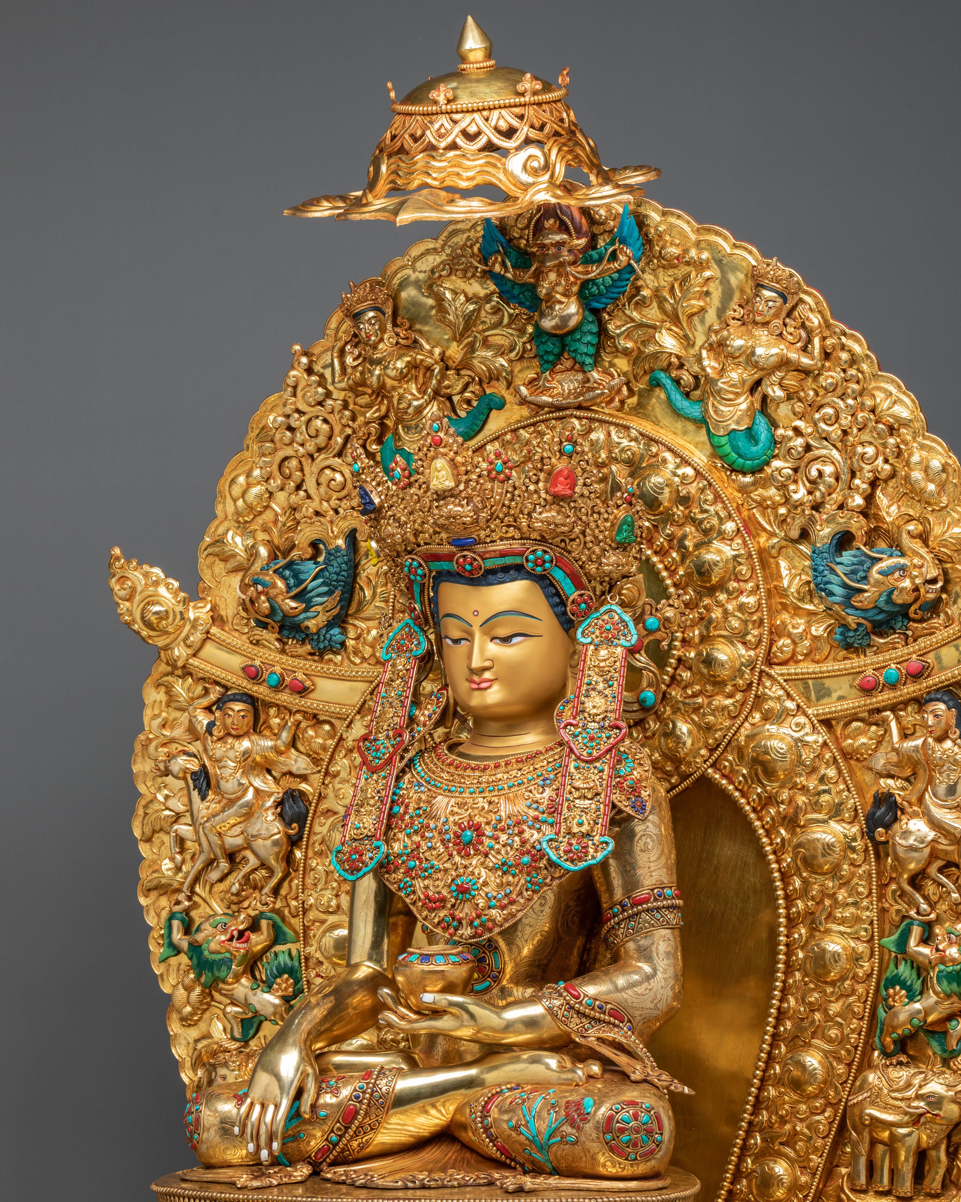 Crown Shakyamuni Buddha on Throne | Exquisite 24K Gilded Figurine
