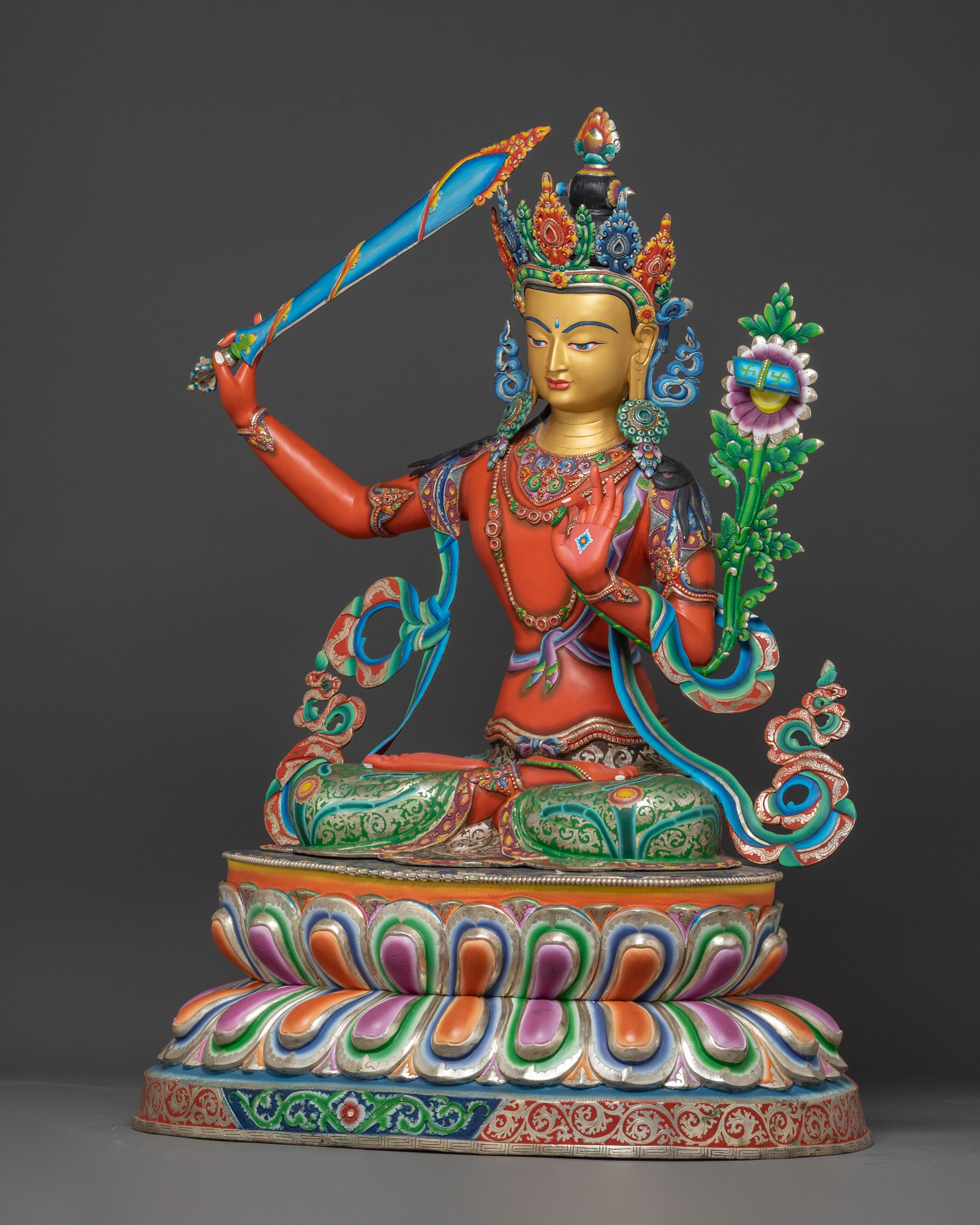 Handcrafted Spiritual Statue of Manjushri – Radiant Gold & Silver