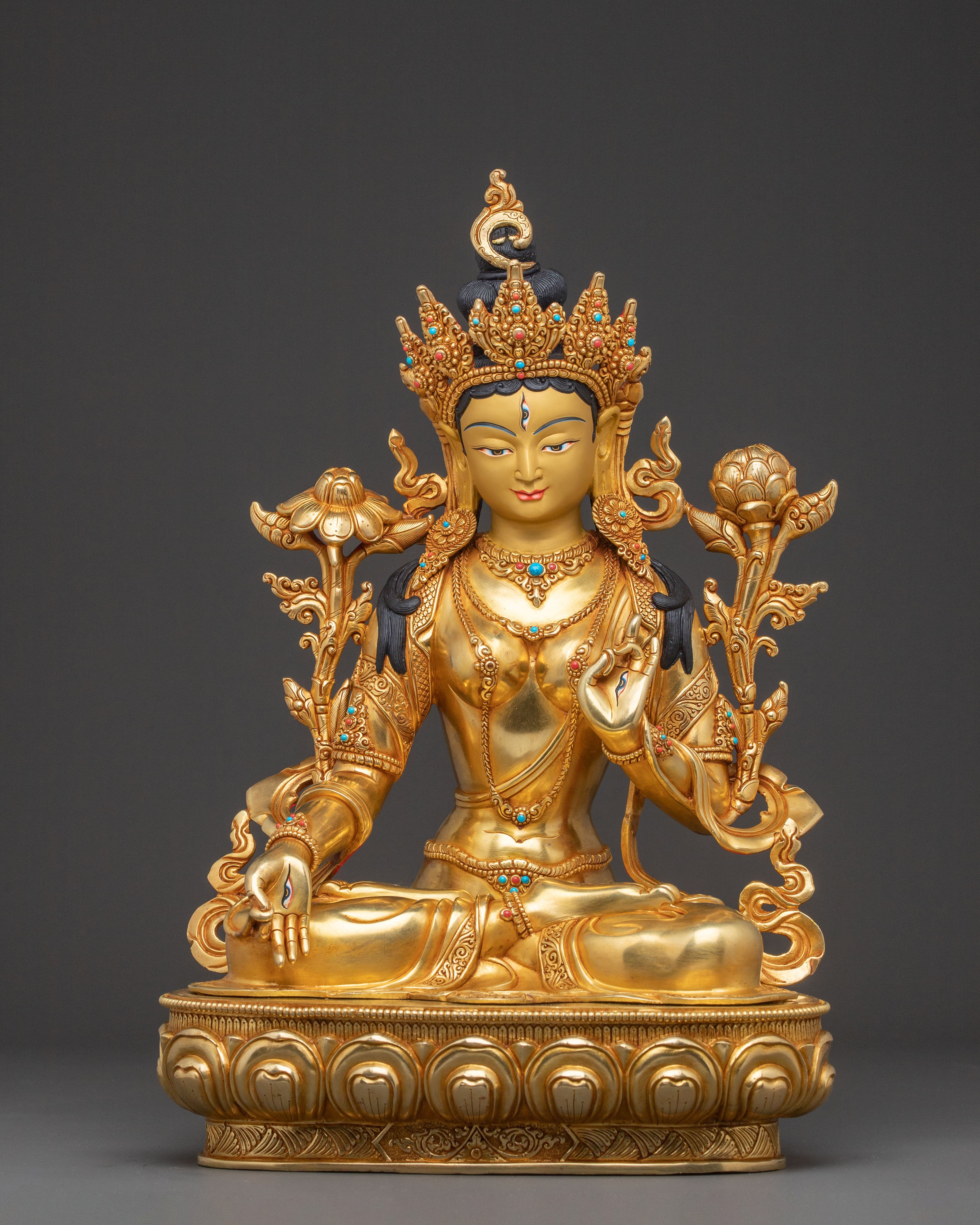 Nepalese White Tara Copper Statue | 24k Gold-Gilded Serenity