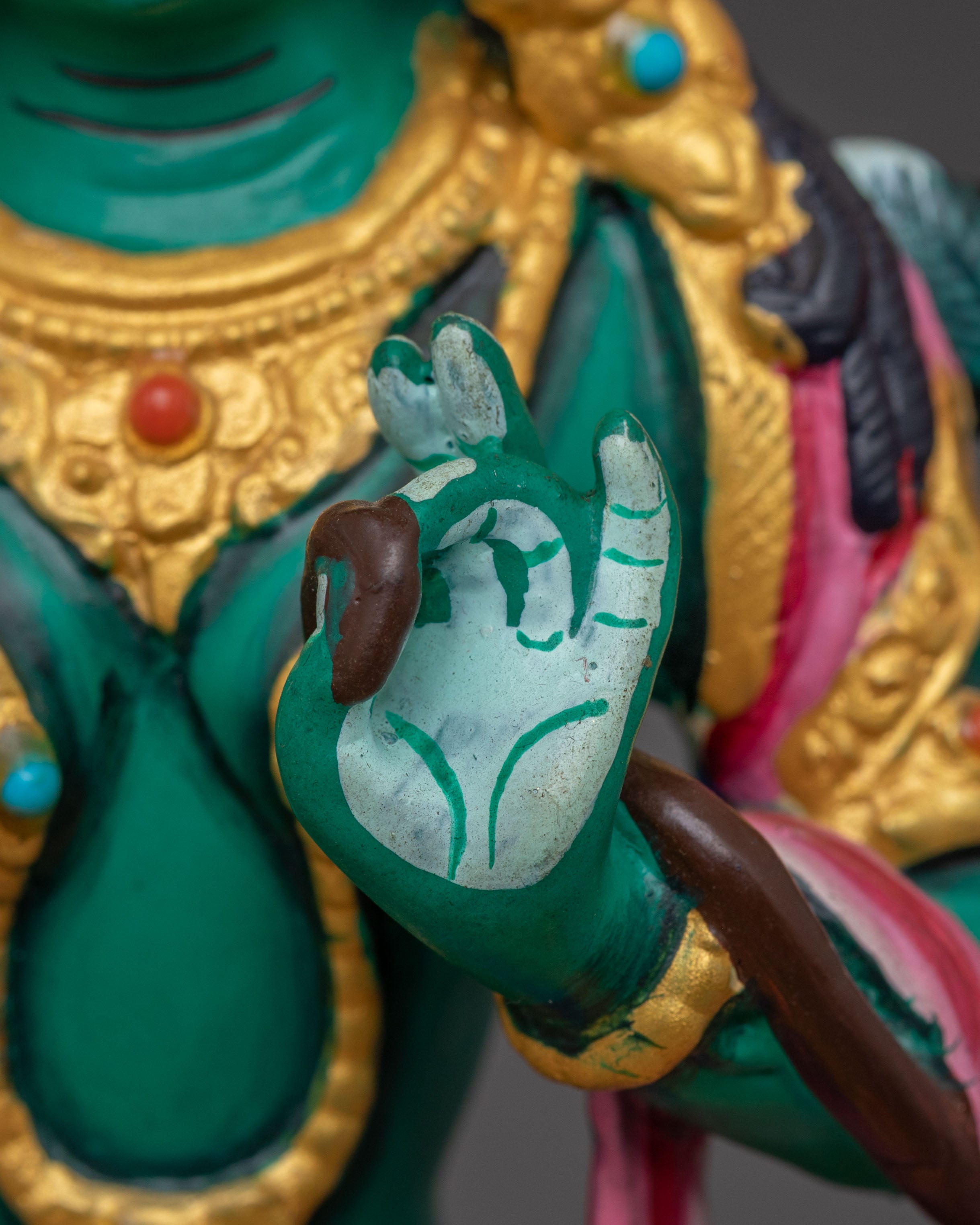Green Tara Statue with Acrylic Paintings: Goddess of Compassion