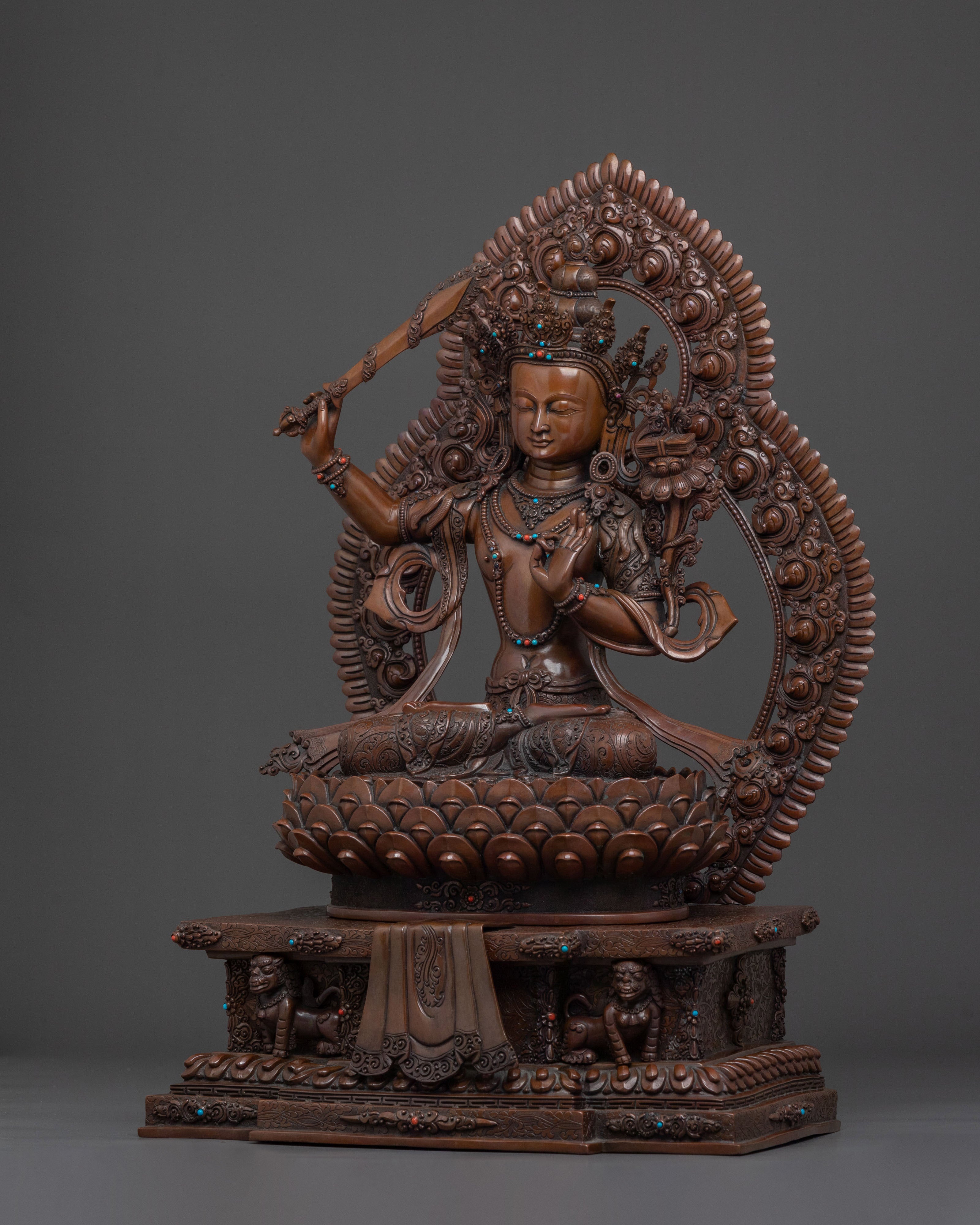 Manjushri Sculpture on Throne | Wisdom Deity with Flaming Sword