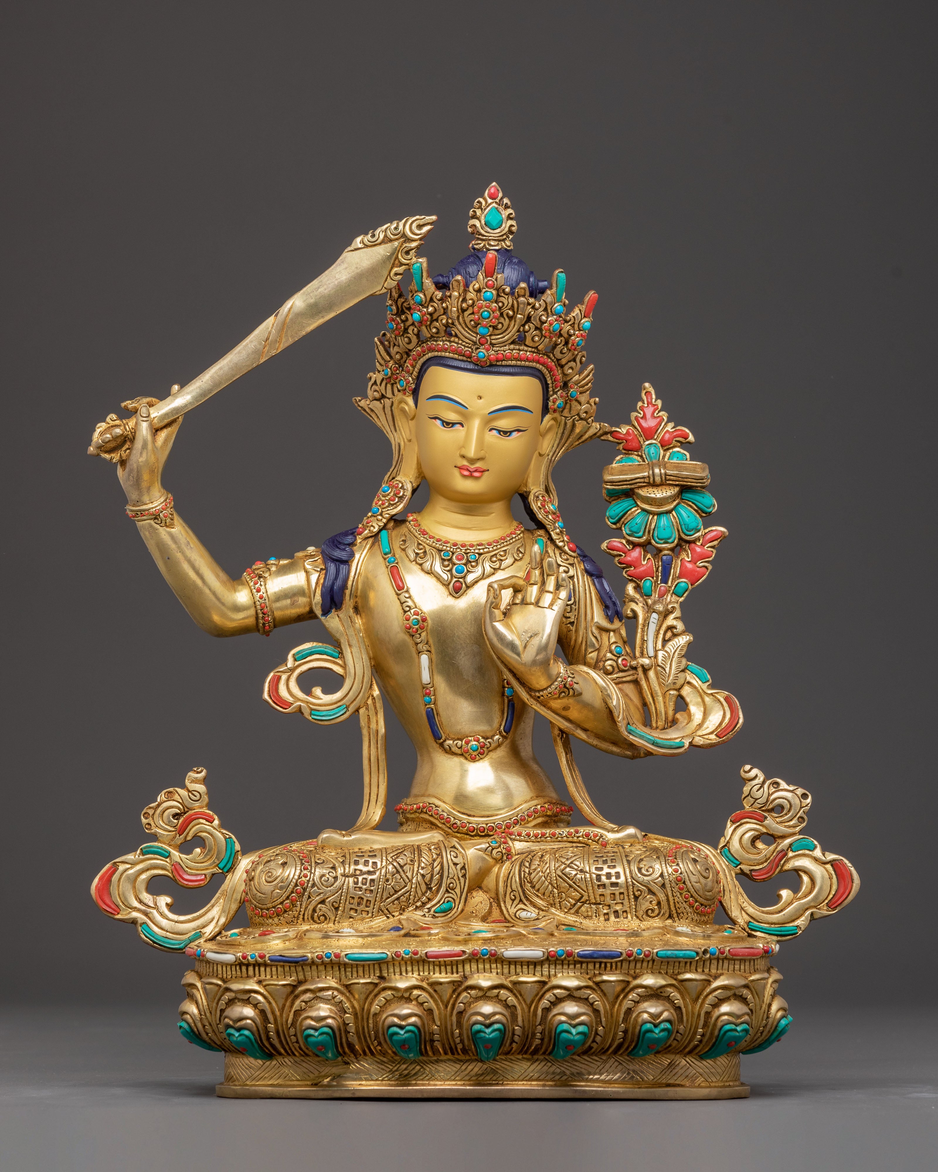 Handcrafted Copper Sculpture of Bodhisattva Manjushri