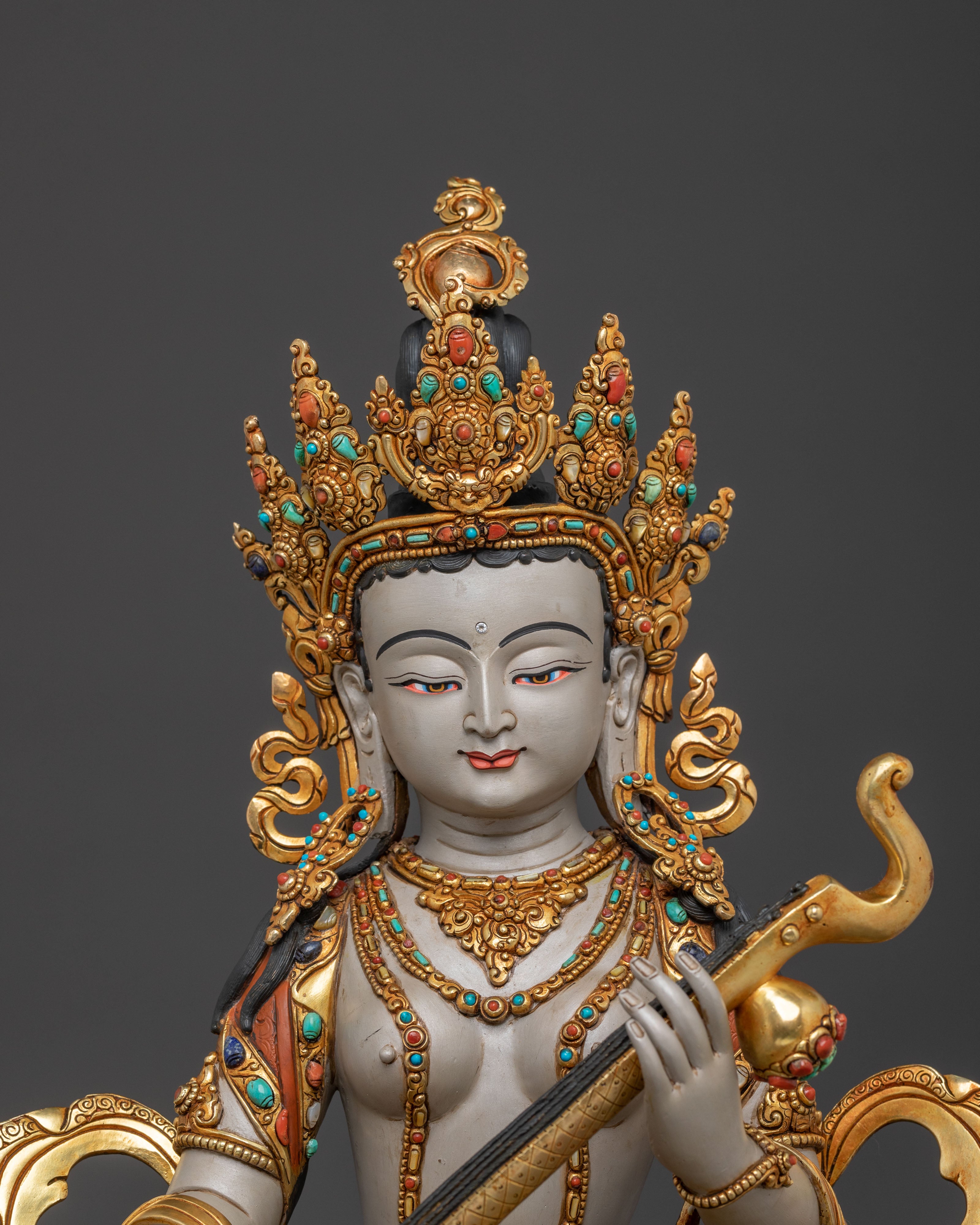 Saraswati Goddess of Knowledge Statue – 24K Gold Gilded Masterpiece