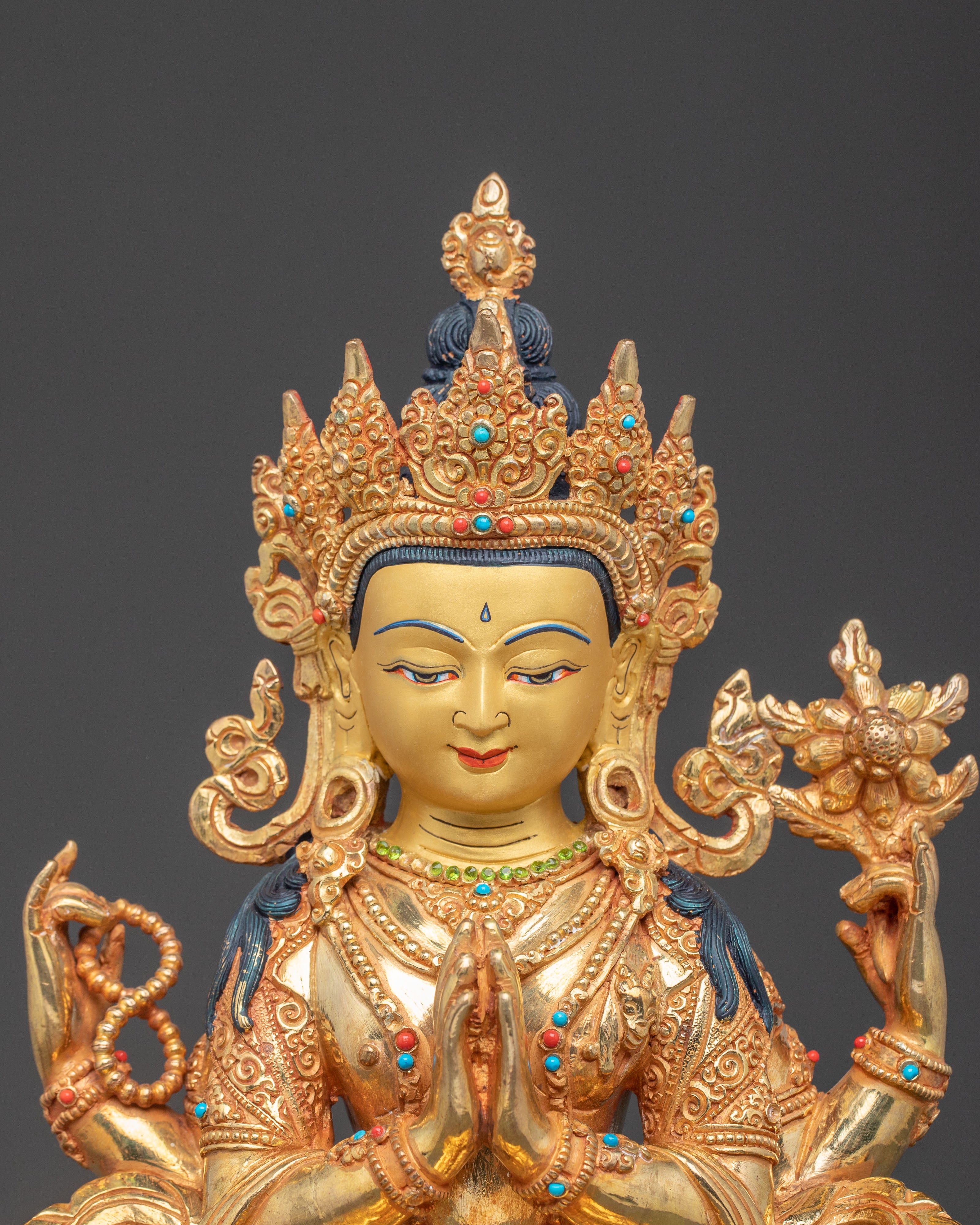 24K Gold Gilded Chenrezig Handmade Statue | Bodhisattva of Compassion
