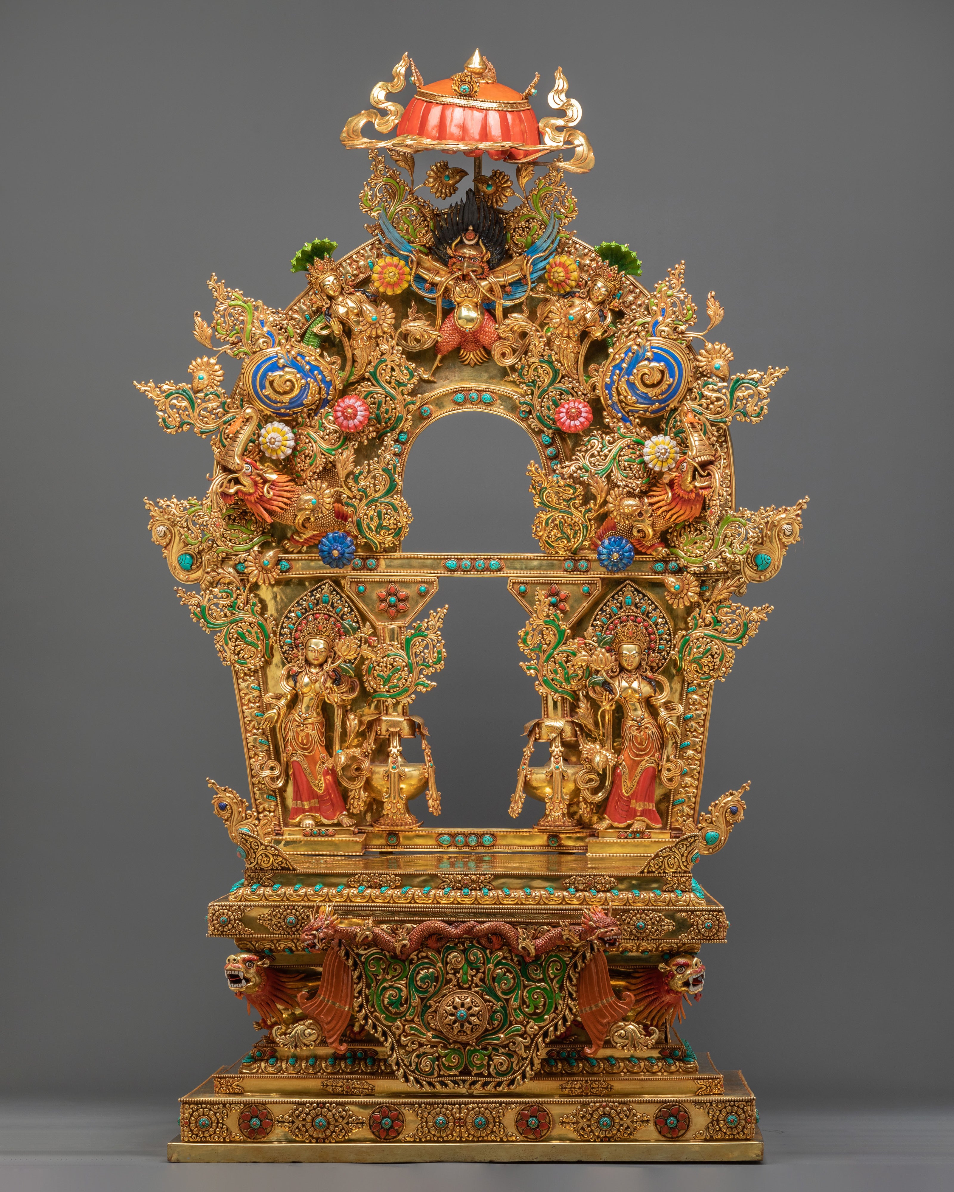 Green Tara Figurine on Throne | Buddhist Goddess Copper Statue