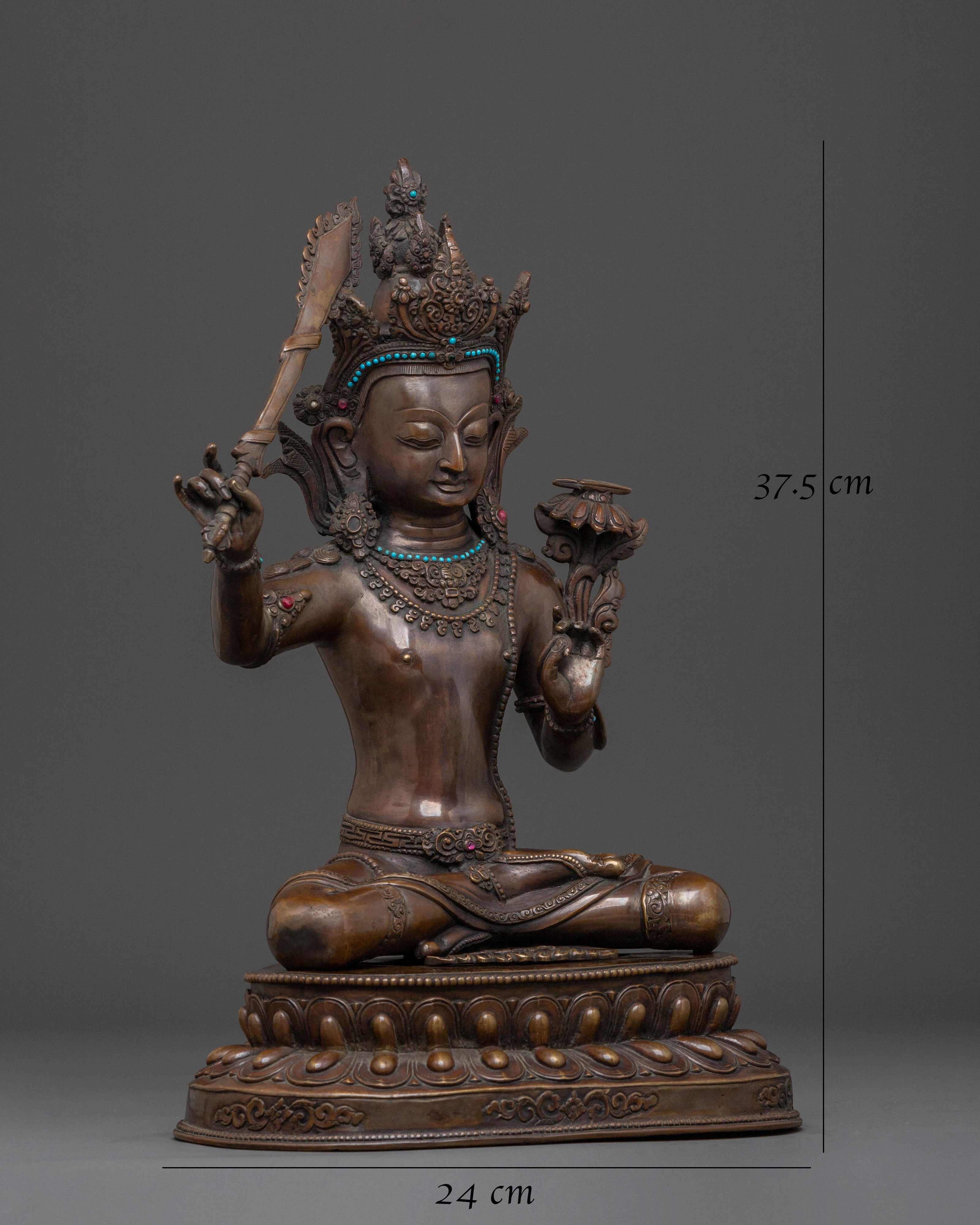 Wisdom Statue of Manjushri: Oxidized Copper Figurine