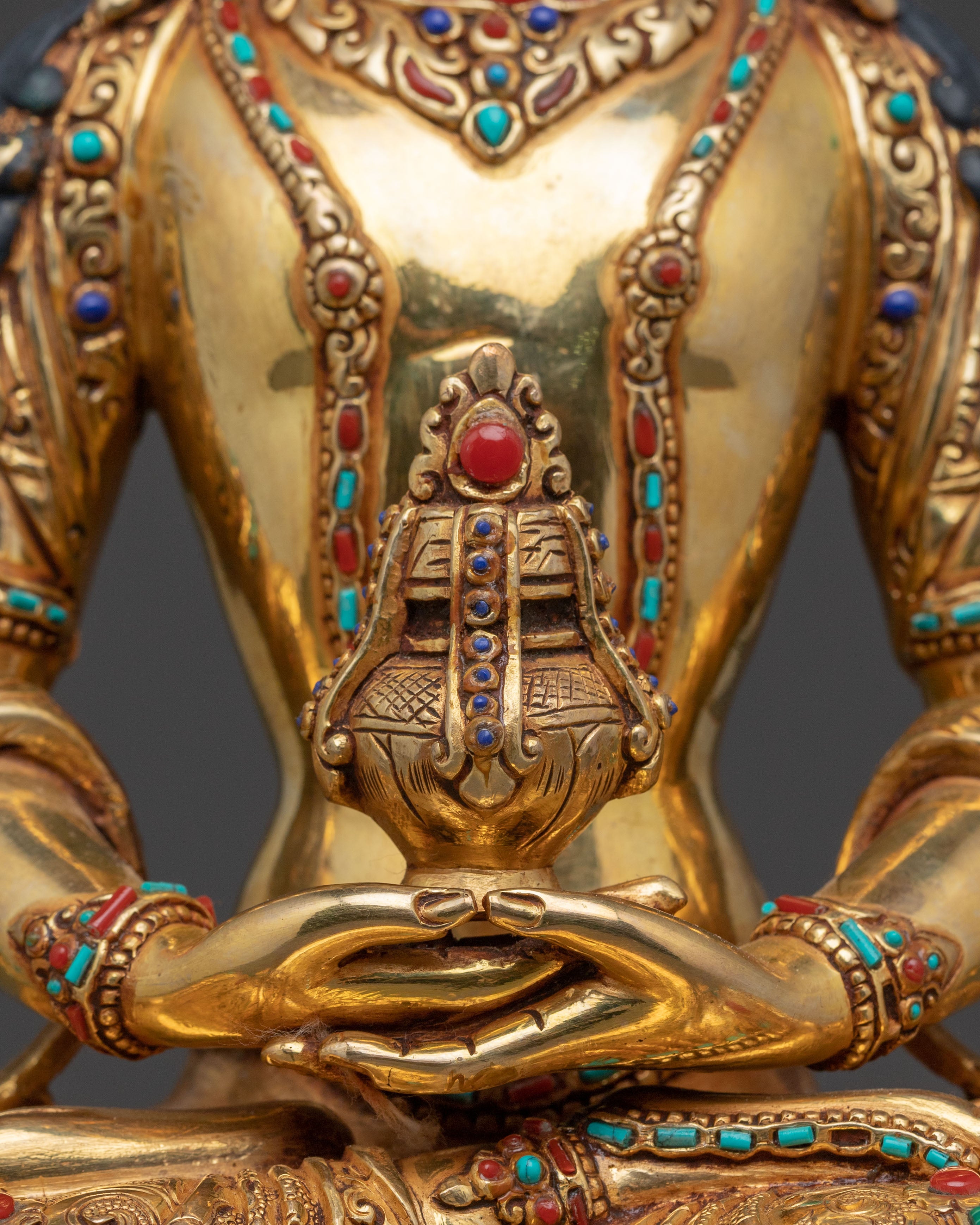Amitayus Buddha Longevity Statue – Gold Gilded & Gemstone Inlaid