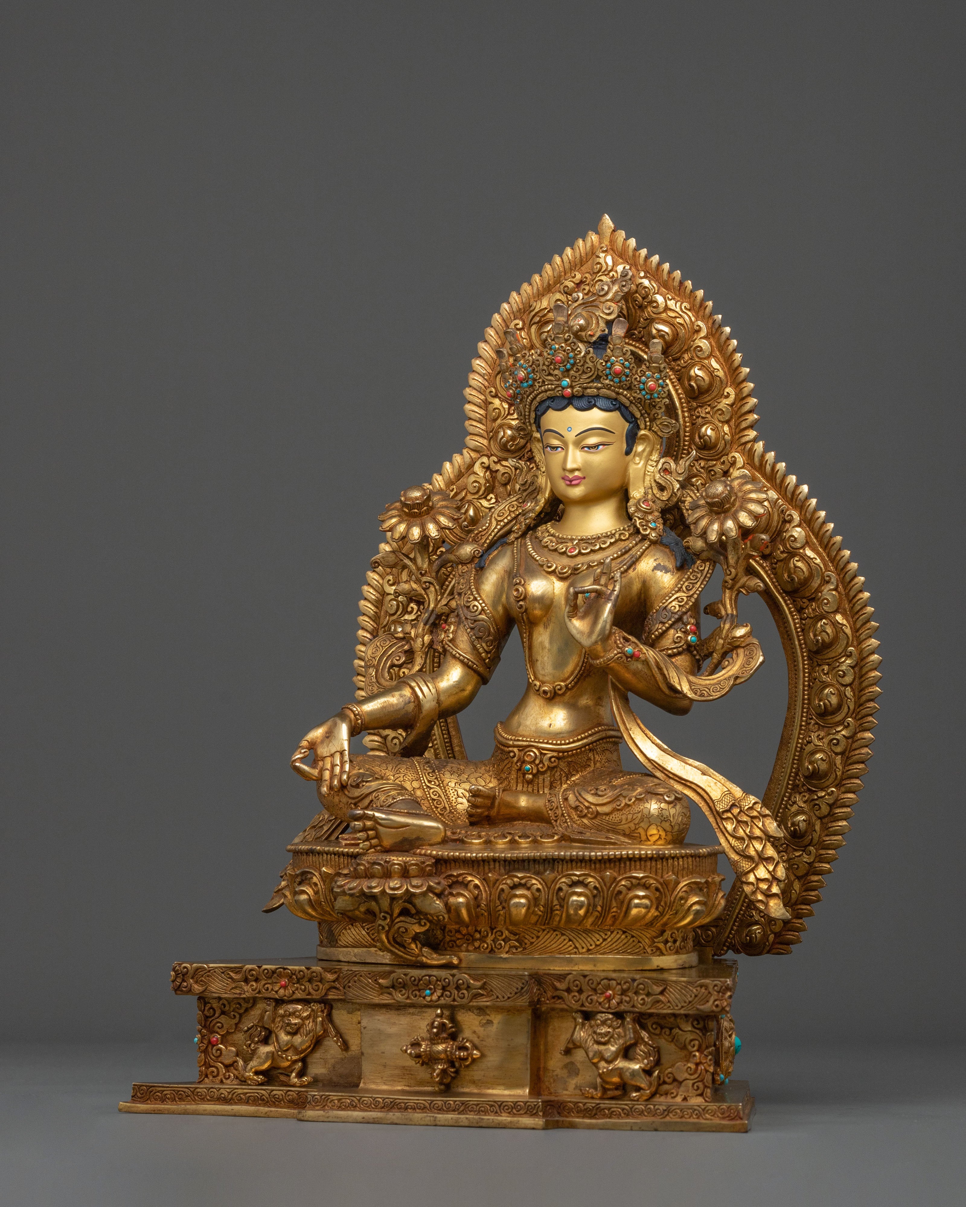 Green Tara Fire Gold Gilded Statue | Made in Nepal
