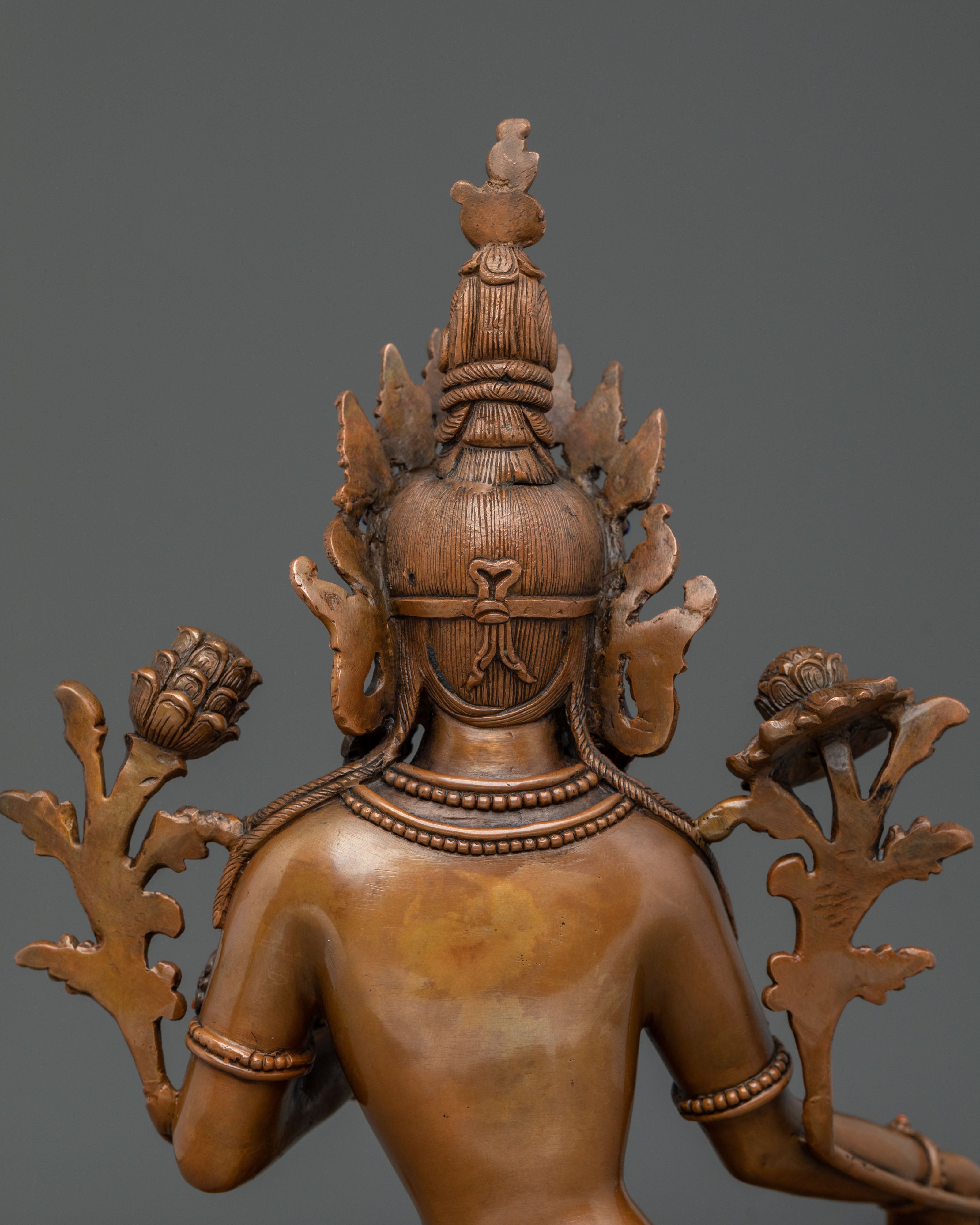 Green Tara Sculpture of Sacred Protection: Oxidized Copper Art