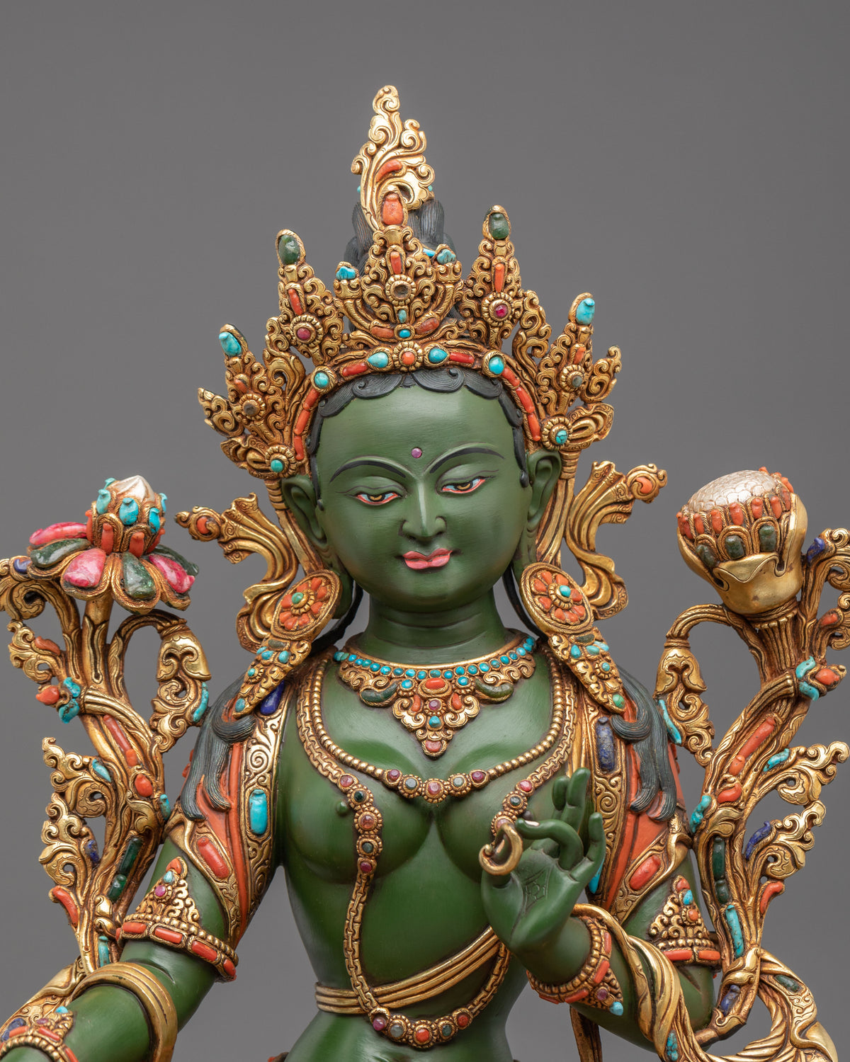Green Tara Sculpture | Handmade Statue Adorned with Gemstones
