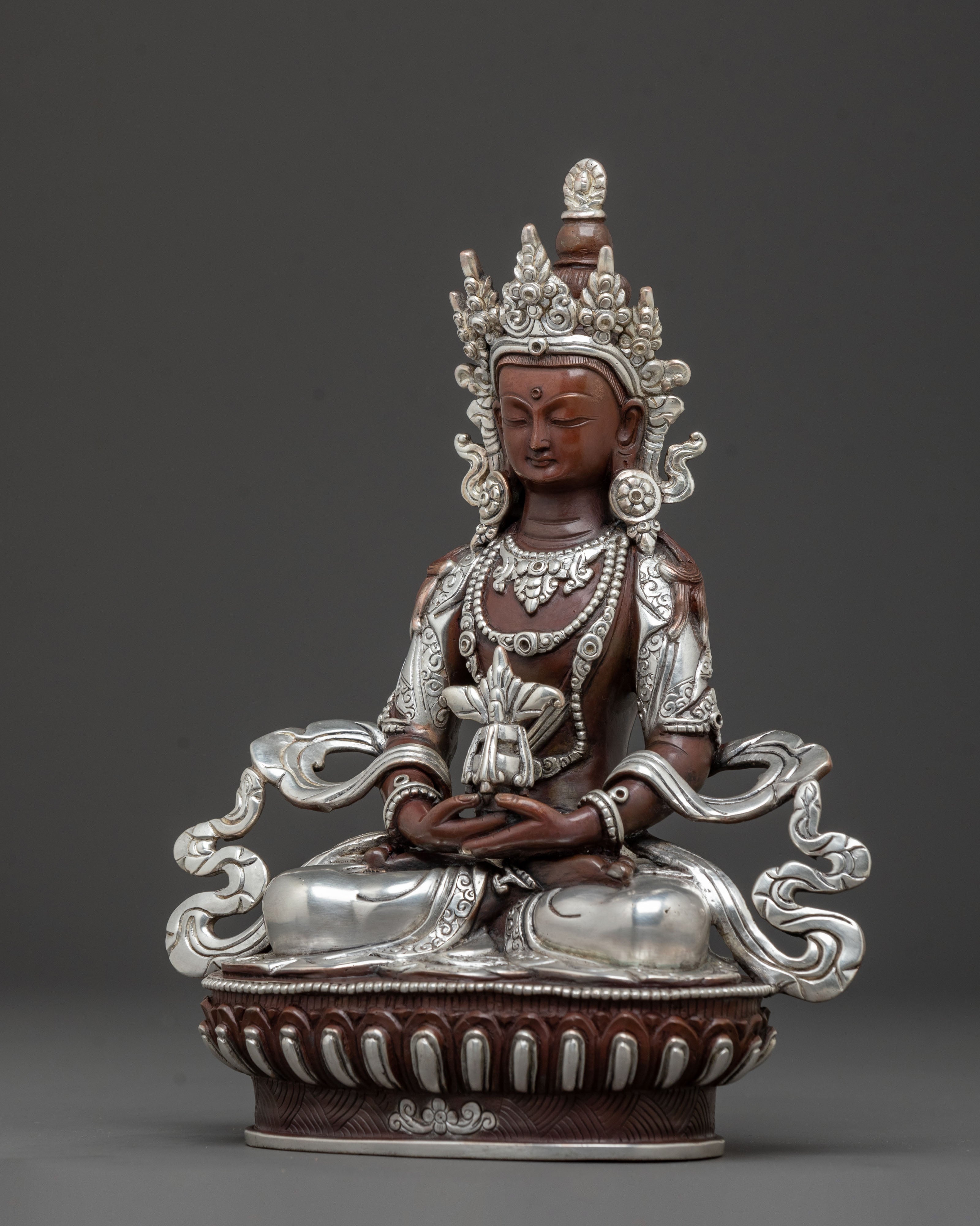 Amitayus Buddhist Statue | Oxidized Copper Statue with Silver Plated