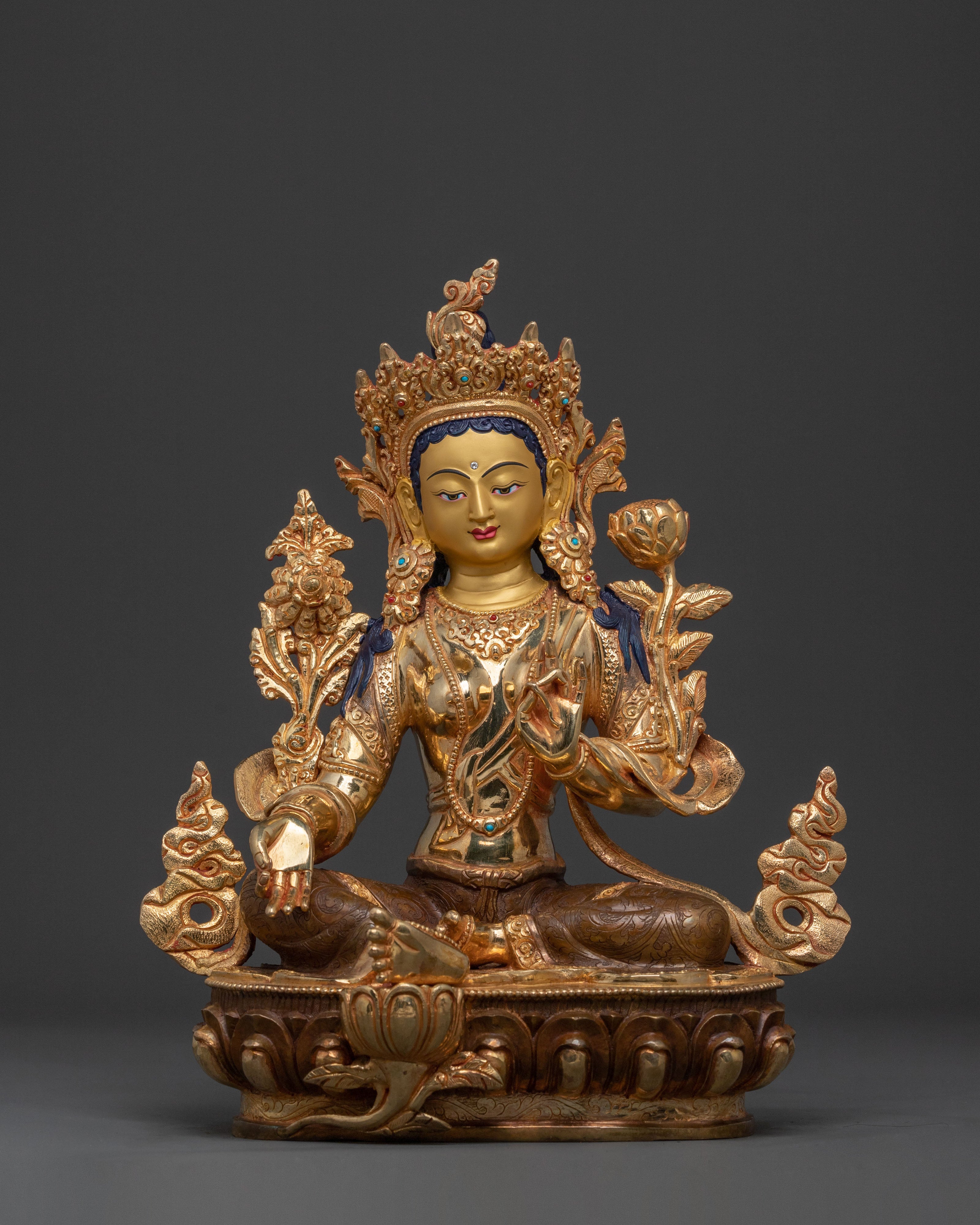 Green Tara Statue: 24K Gold Gilded Copper Sculpture