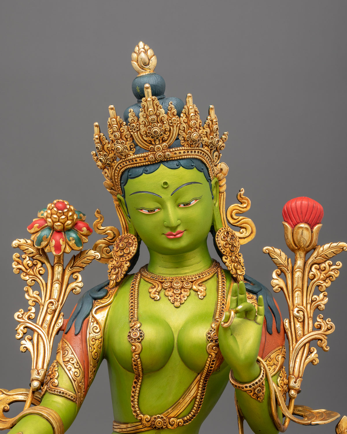 Green Tara Statue | Gold and Acrylic Painted Figurine