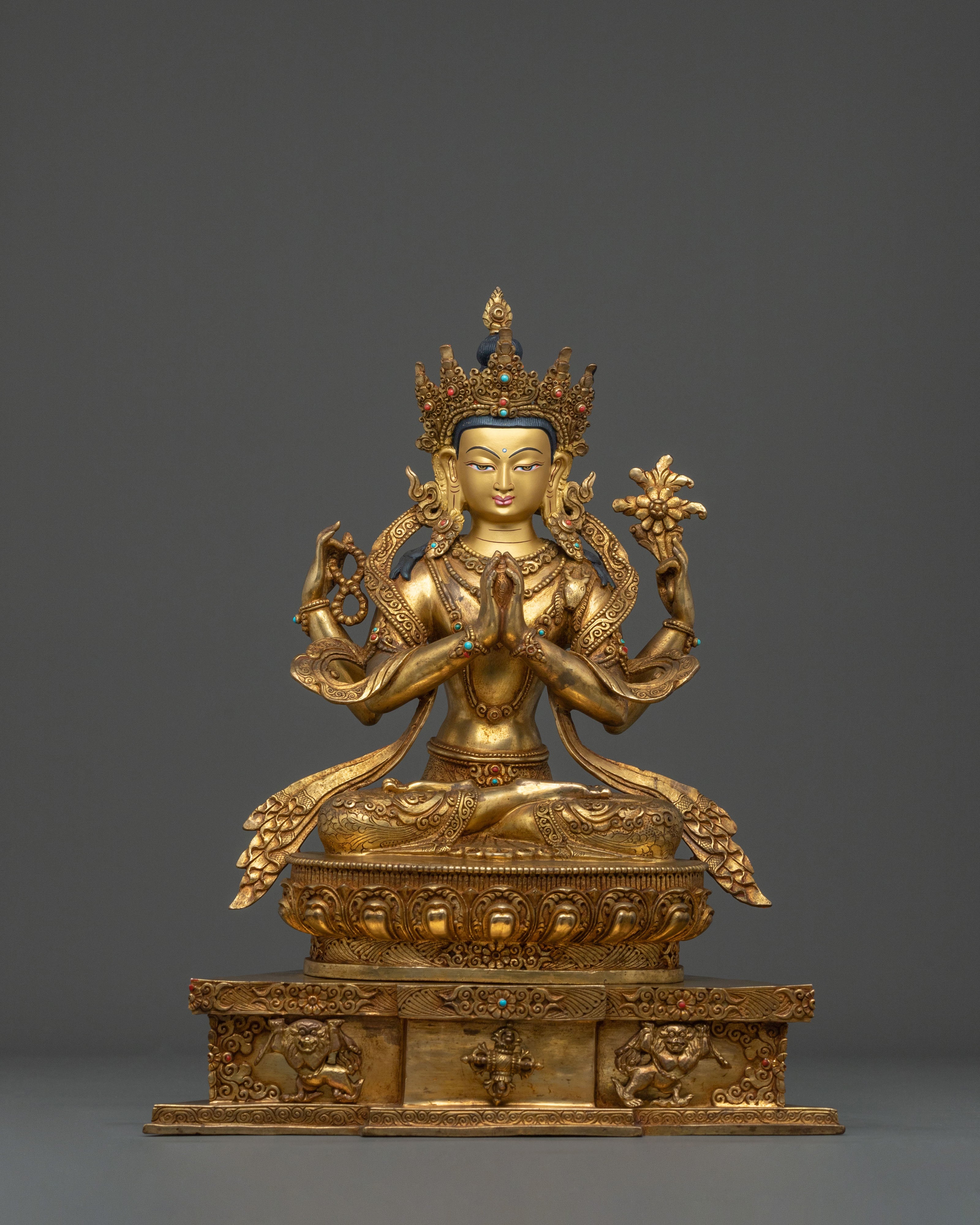 Chenrezig Fire Gold Gilded Statue | Buddhist Figurine