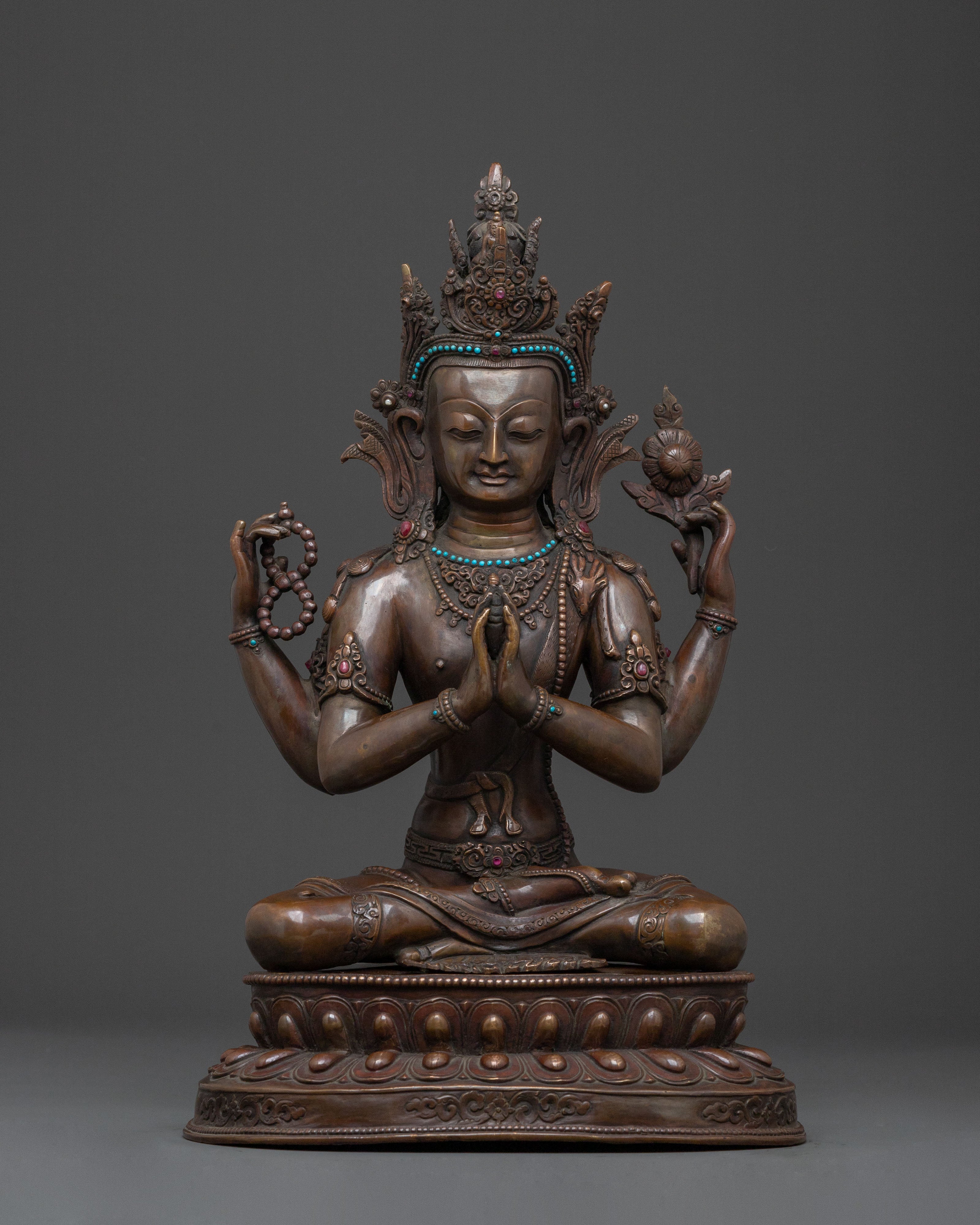 Handcrafted Chenrezig Buddhist Sculpture | Oxidized Copper Statue