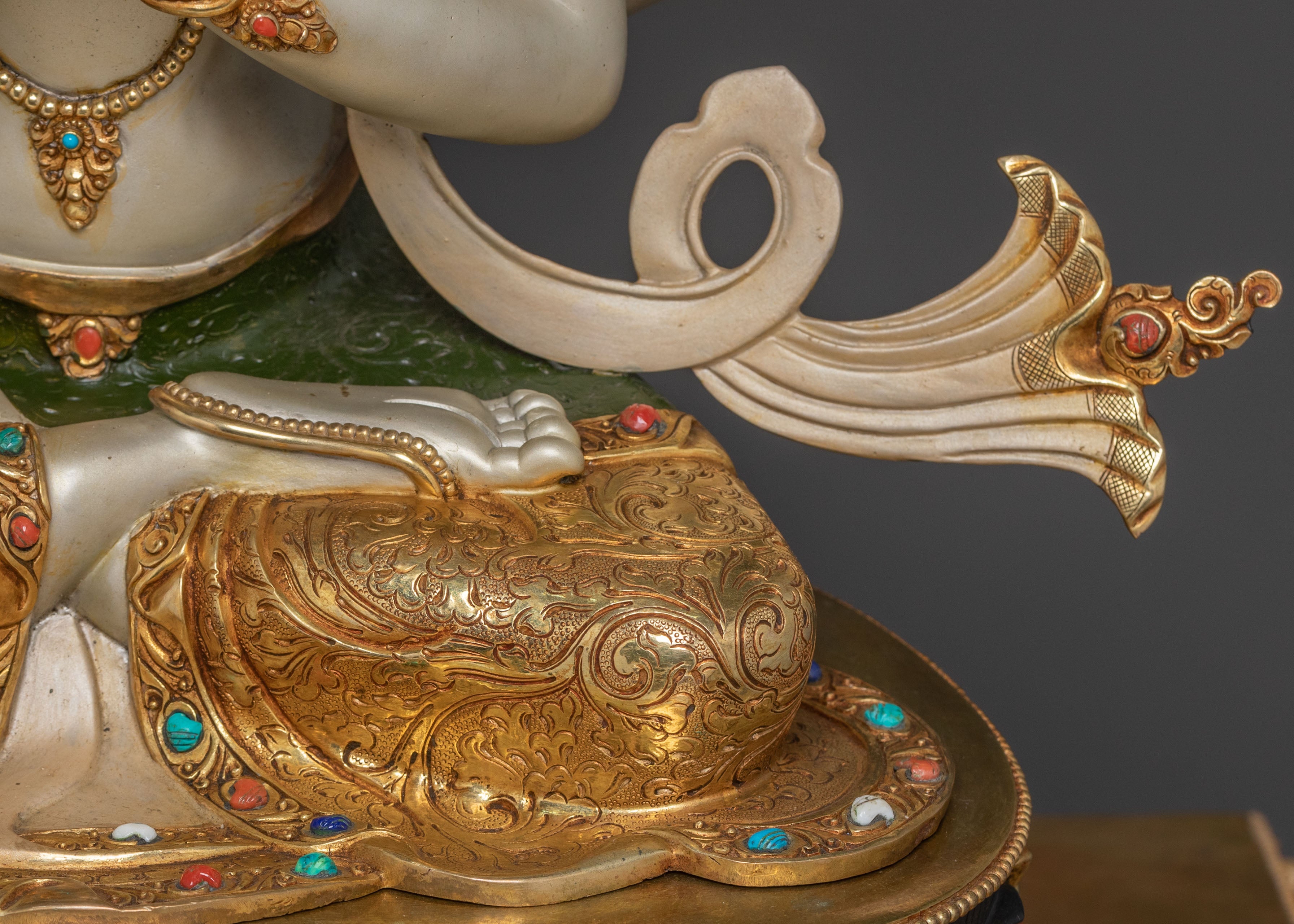 Majestic Chenrezig on Throne Statue with 24k Gold Glided and  Gemstones Inlays