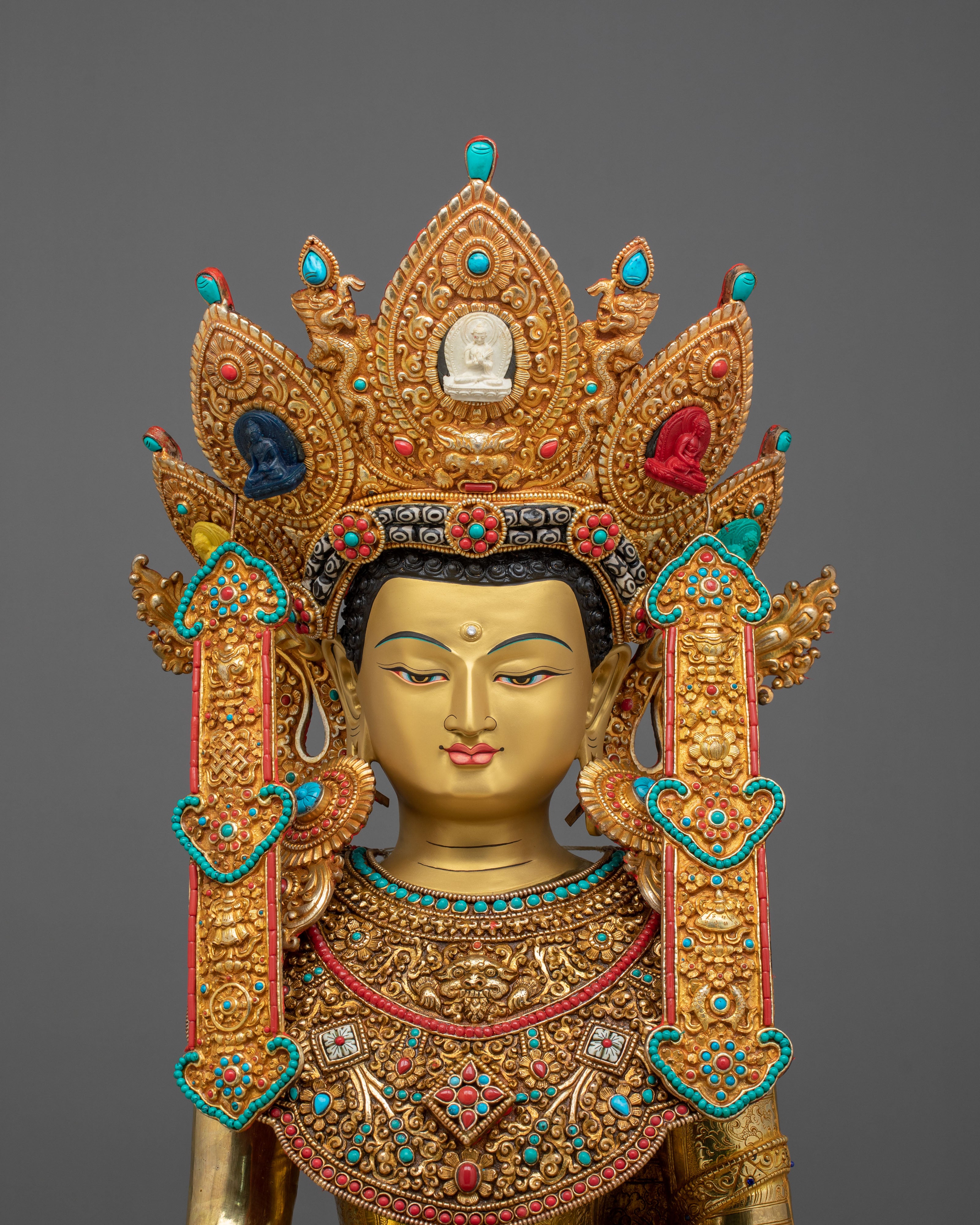 Crown Shakyamuni Buddha Sculpture | 24K Gold Gilded Figurine