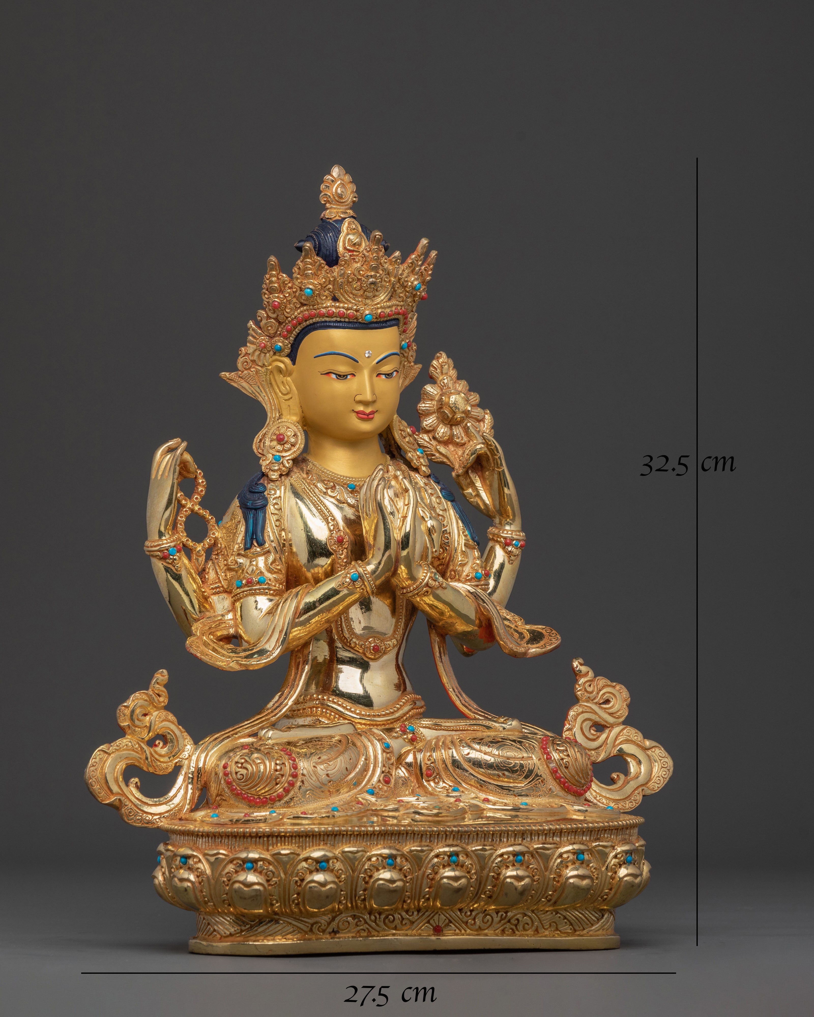 Chenrezig Statue: 24K Gold Gilded Figurine