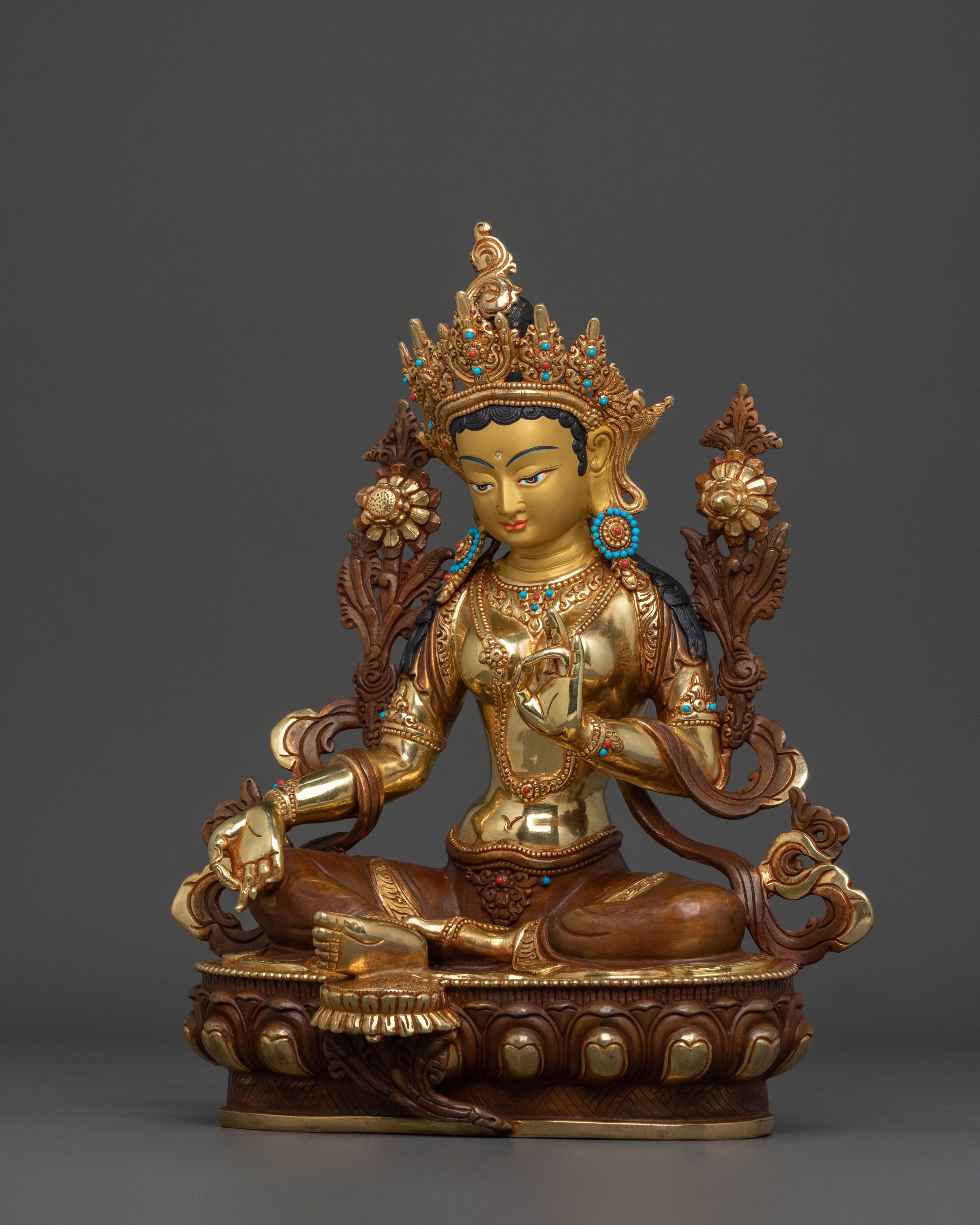 Green Tara Fire Gold Gilded Sculpture | Goddess of Compassion