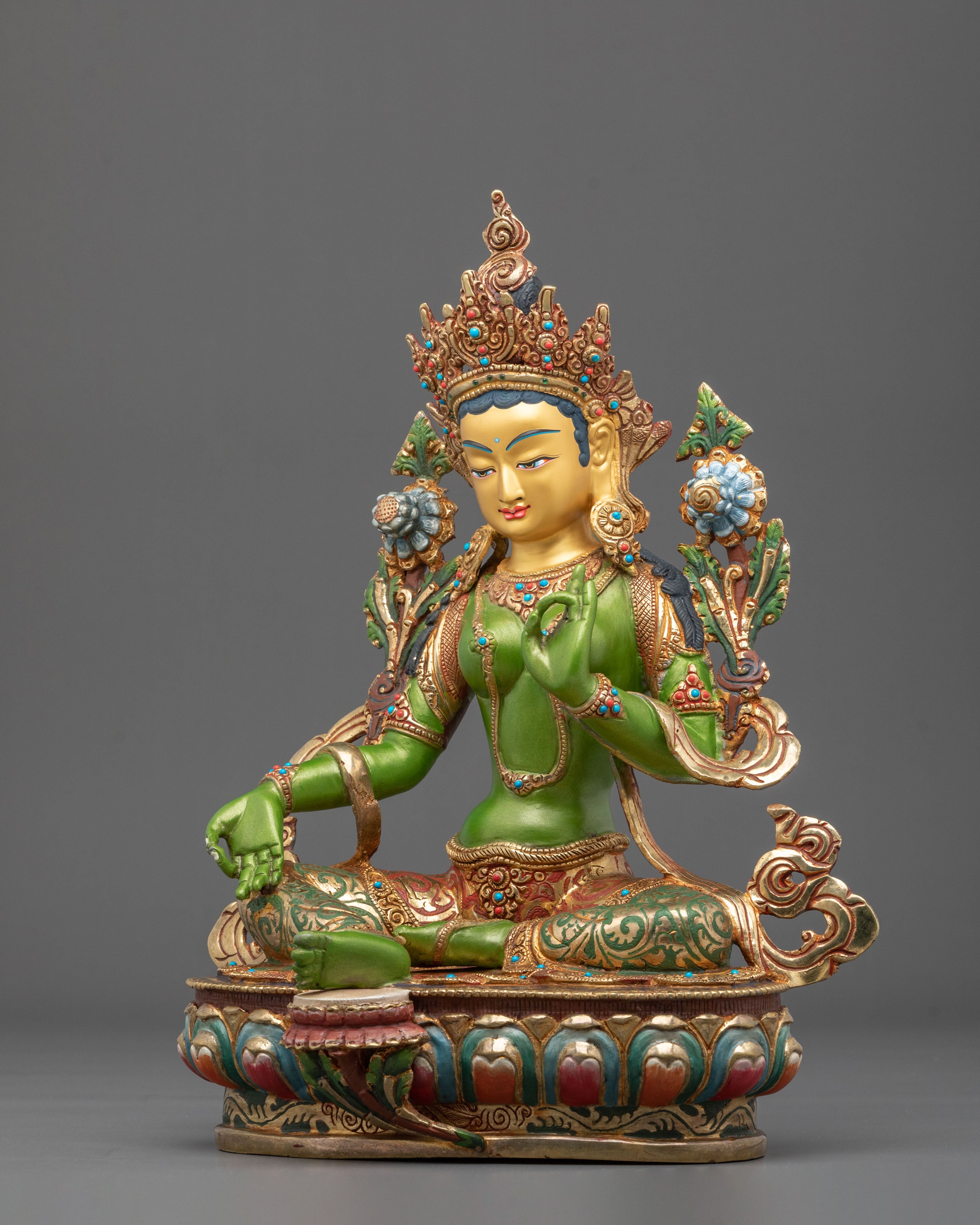Traditional Green Tara Golden Statue | Tibetan Buddhist Compassion Deity