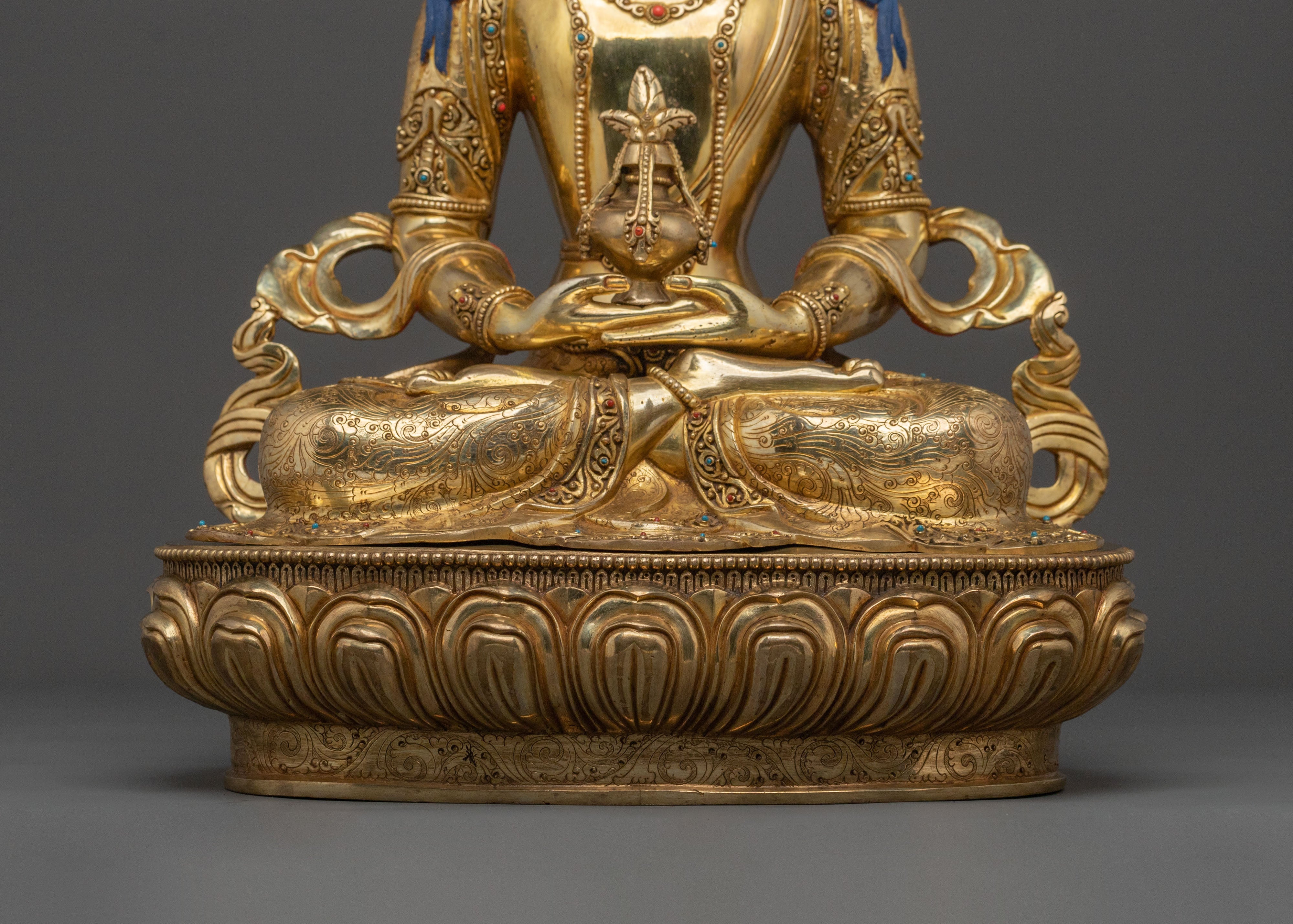Tibetan Amitayus Traditional Sculpture in 24K Gold