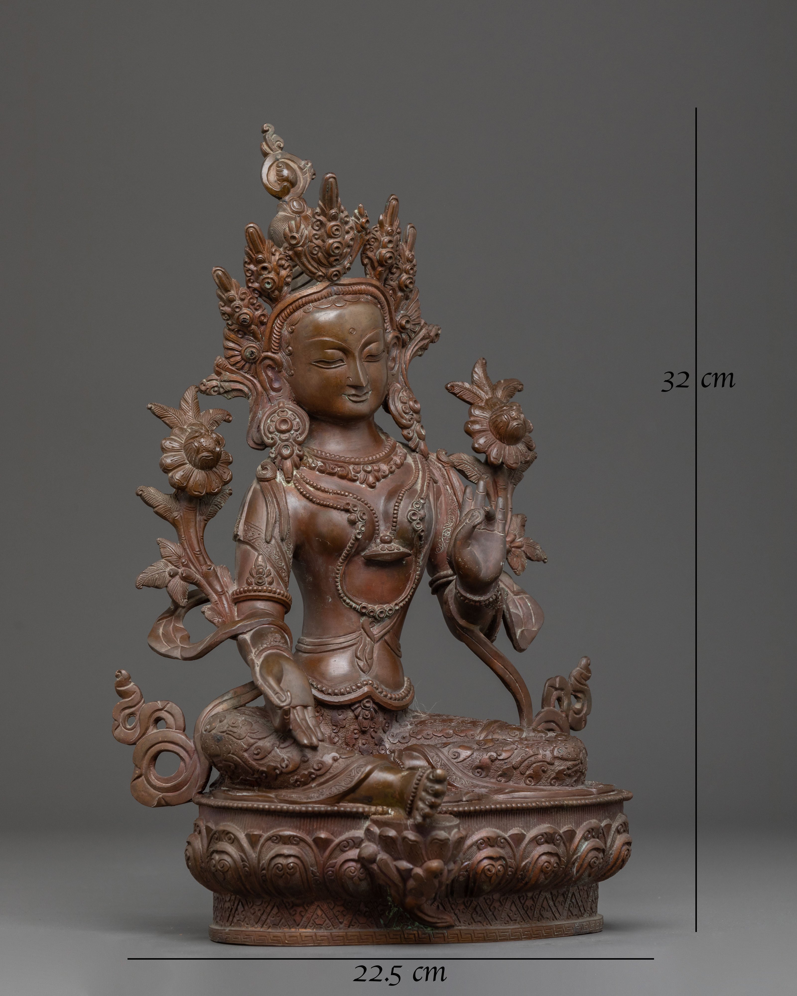 Green Tara Statue Buddhist Compassionate Mother - Antique Oxidized Copper