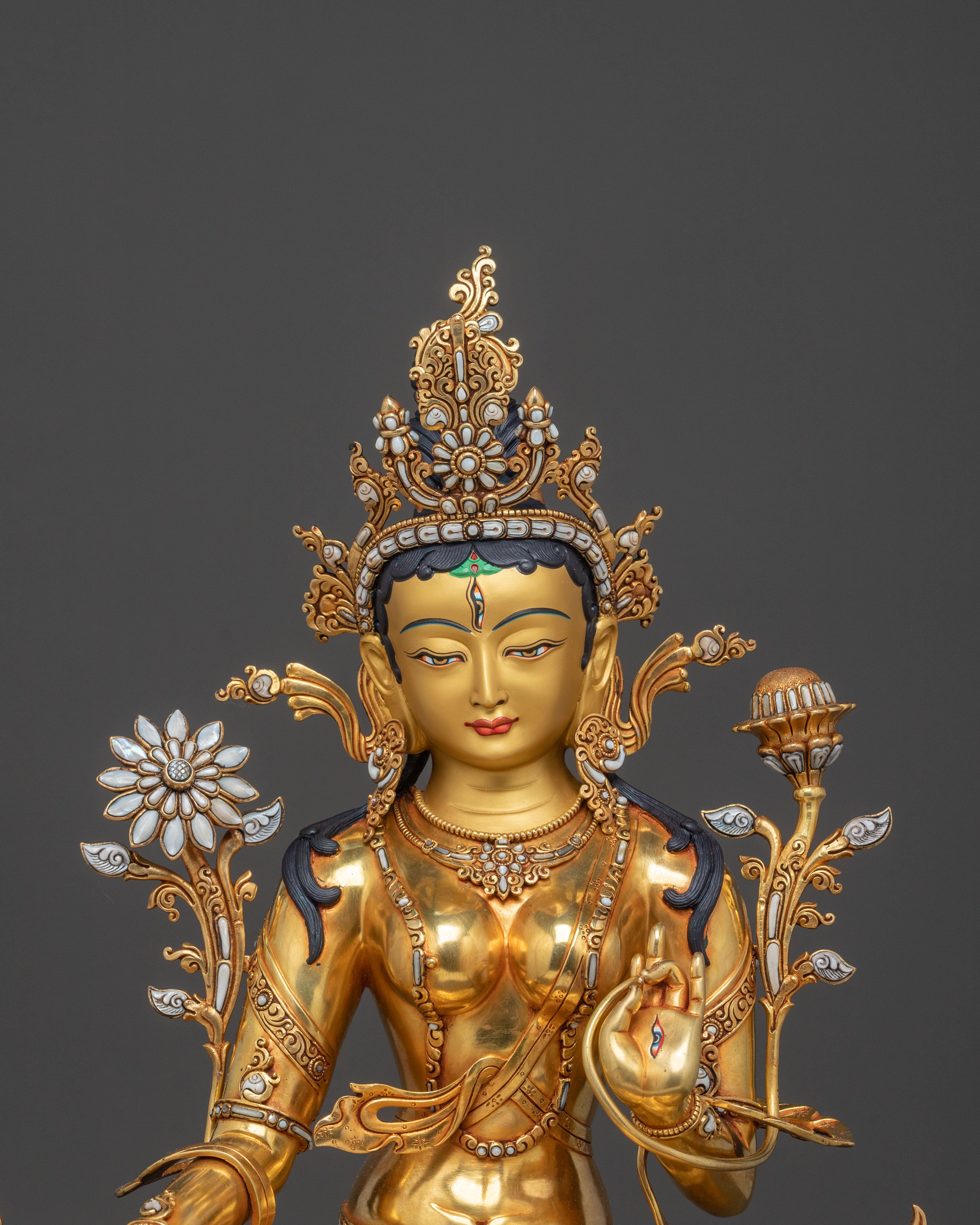 Exquisite 24K Gold Gilded White Tara Statue Seated on Throne