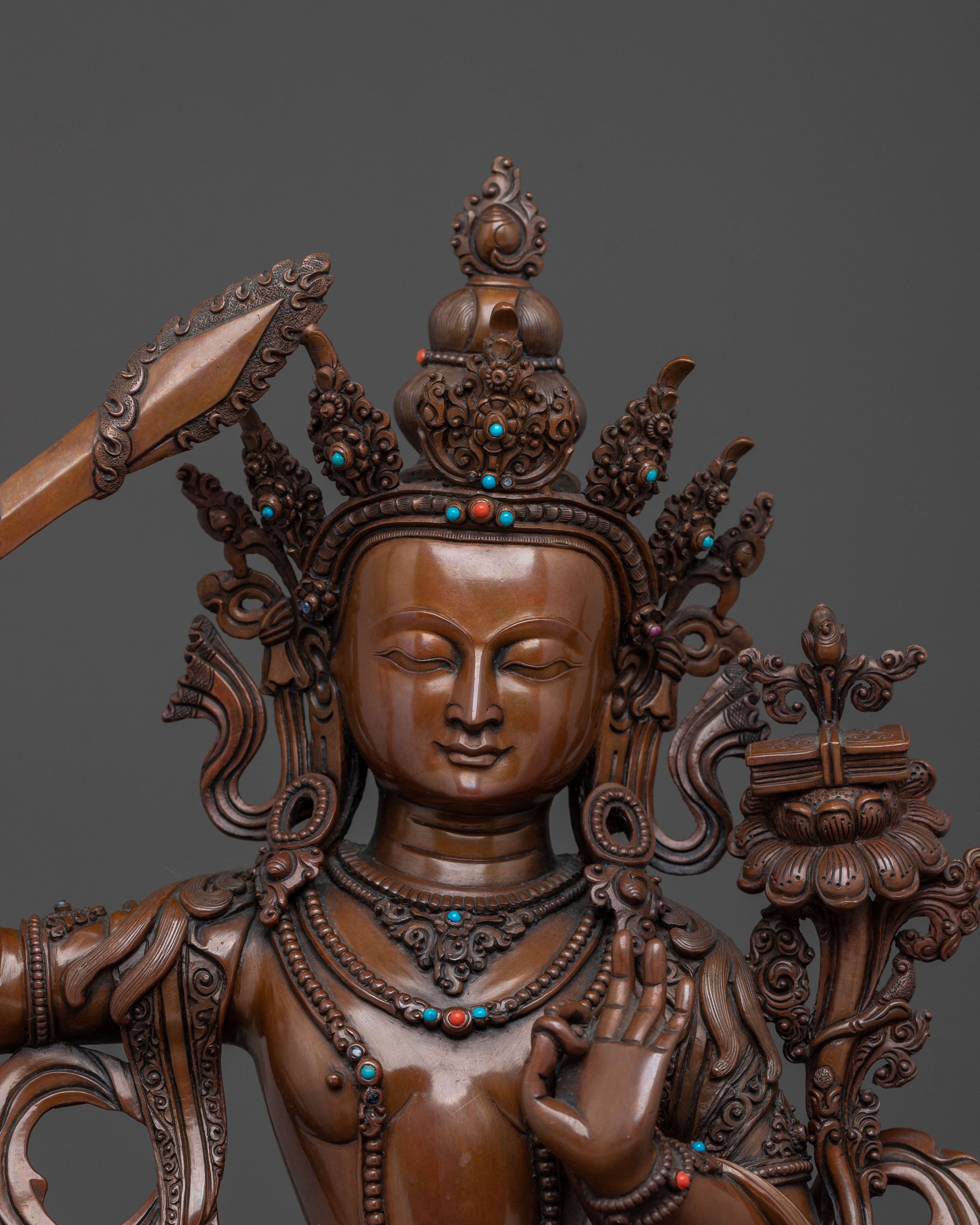 Manjushri Sculpture on Throne | Wisdom Deity with Flaming Sword