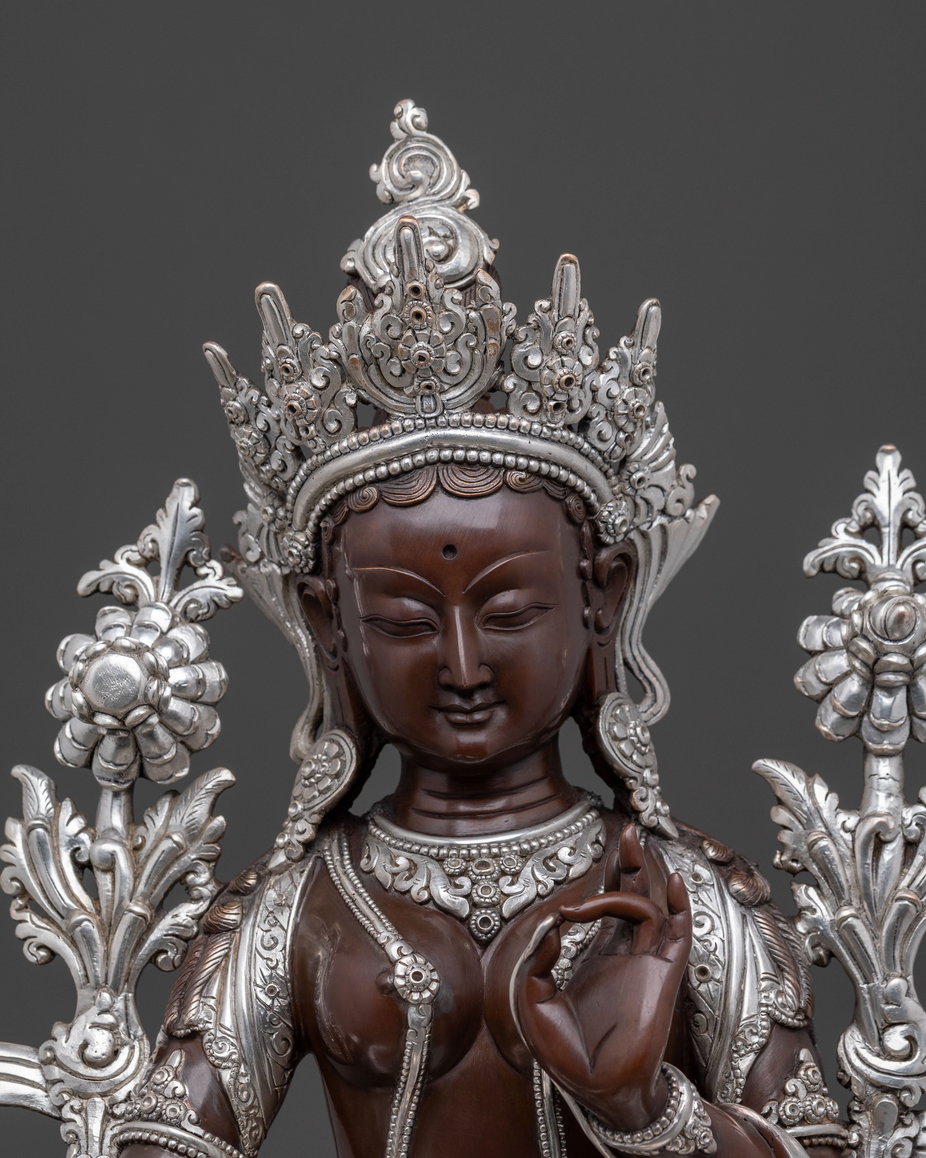 Green Tara: Oxidized Copper Statue with Silver Plated