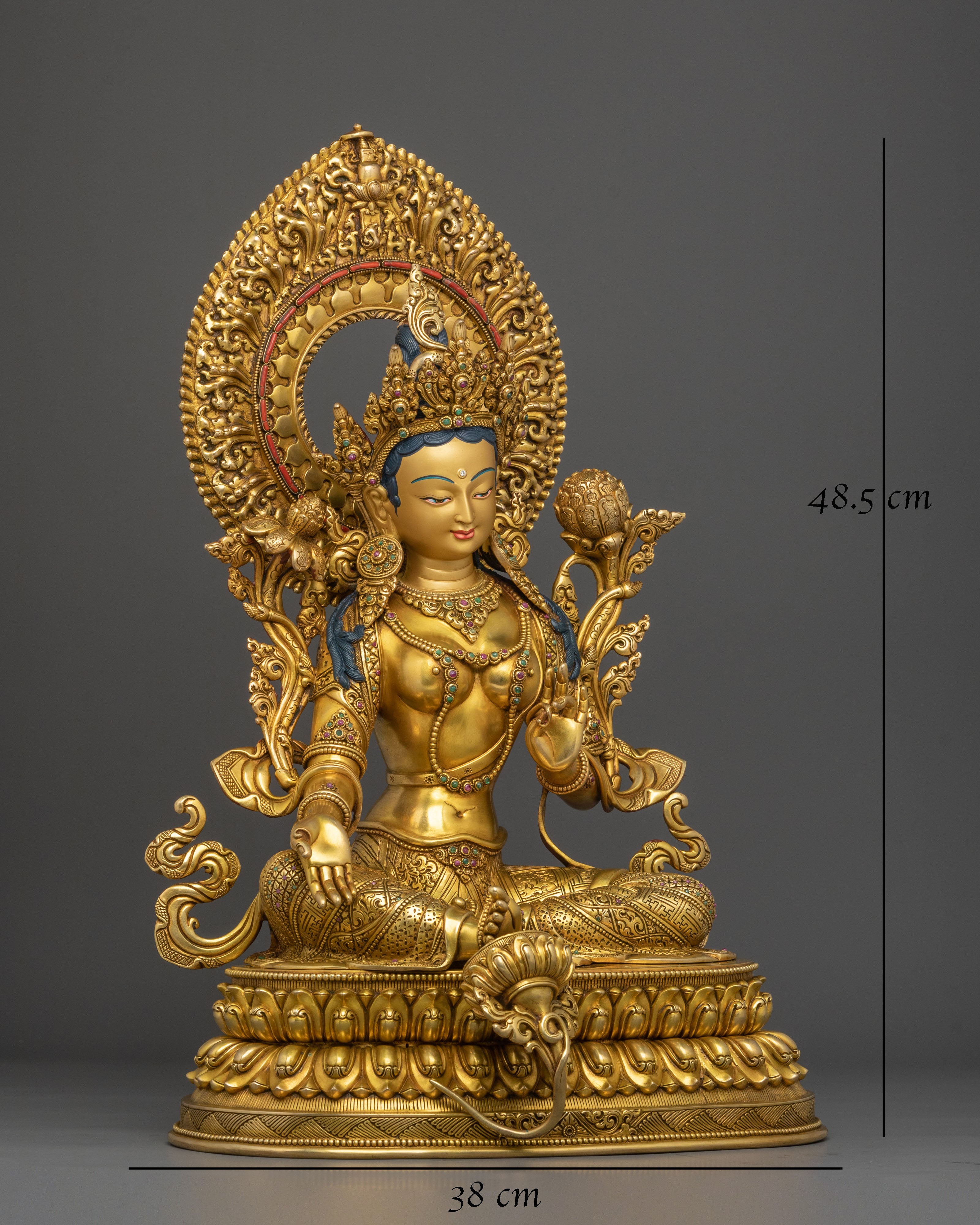 Tibetan Goddess Sculpture of Green Tara | 24K Gold Gilded Compassion Statue