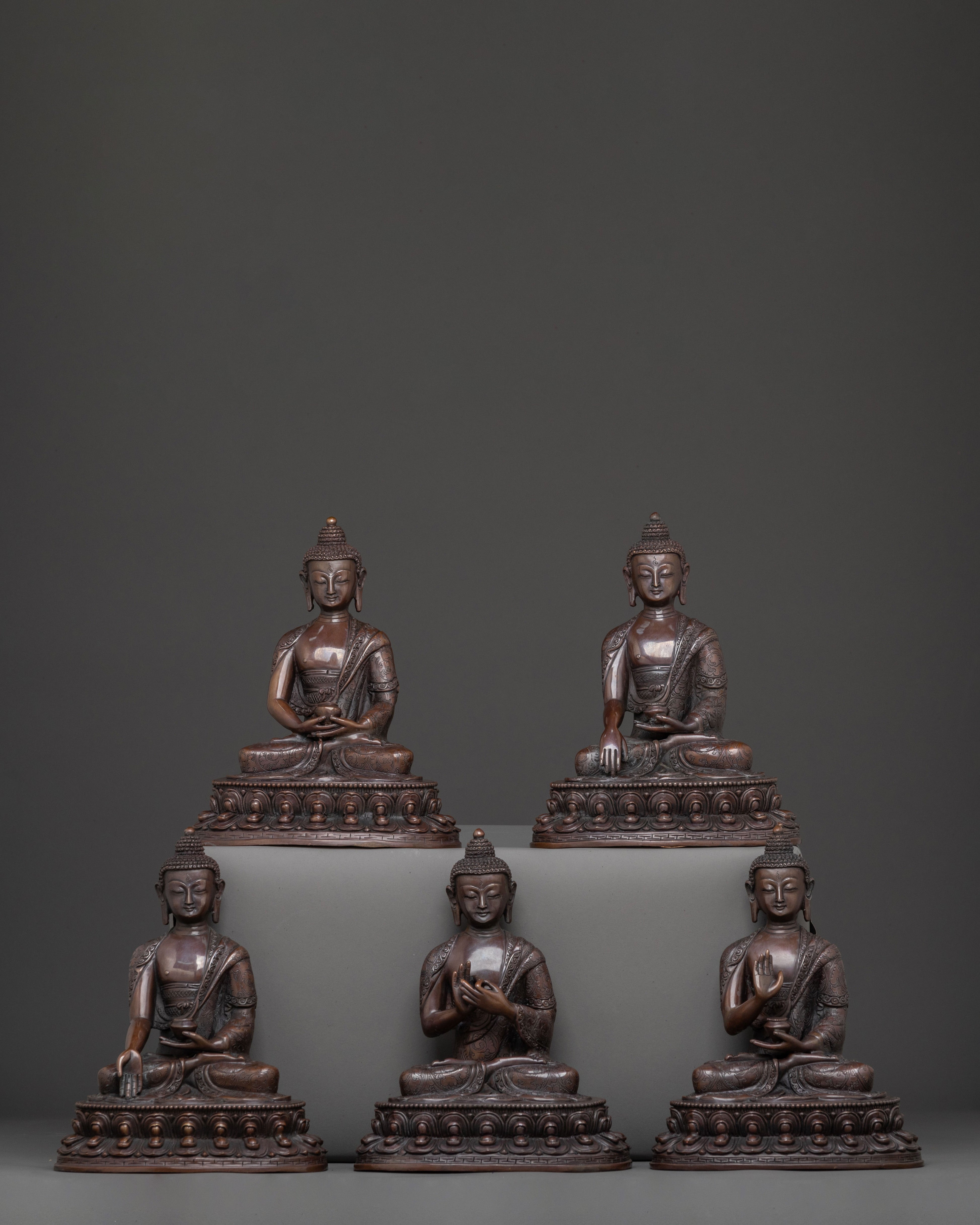 Five Buddha Family Sacred Statue Set | Oxidized Copper