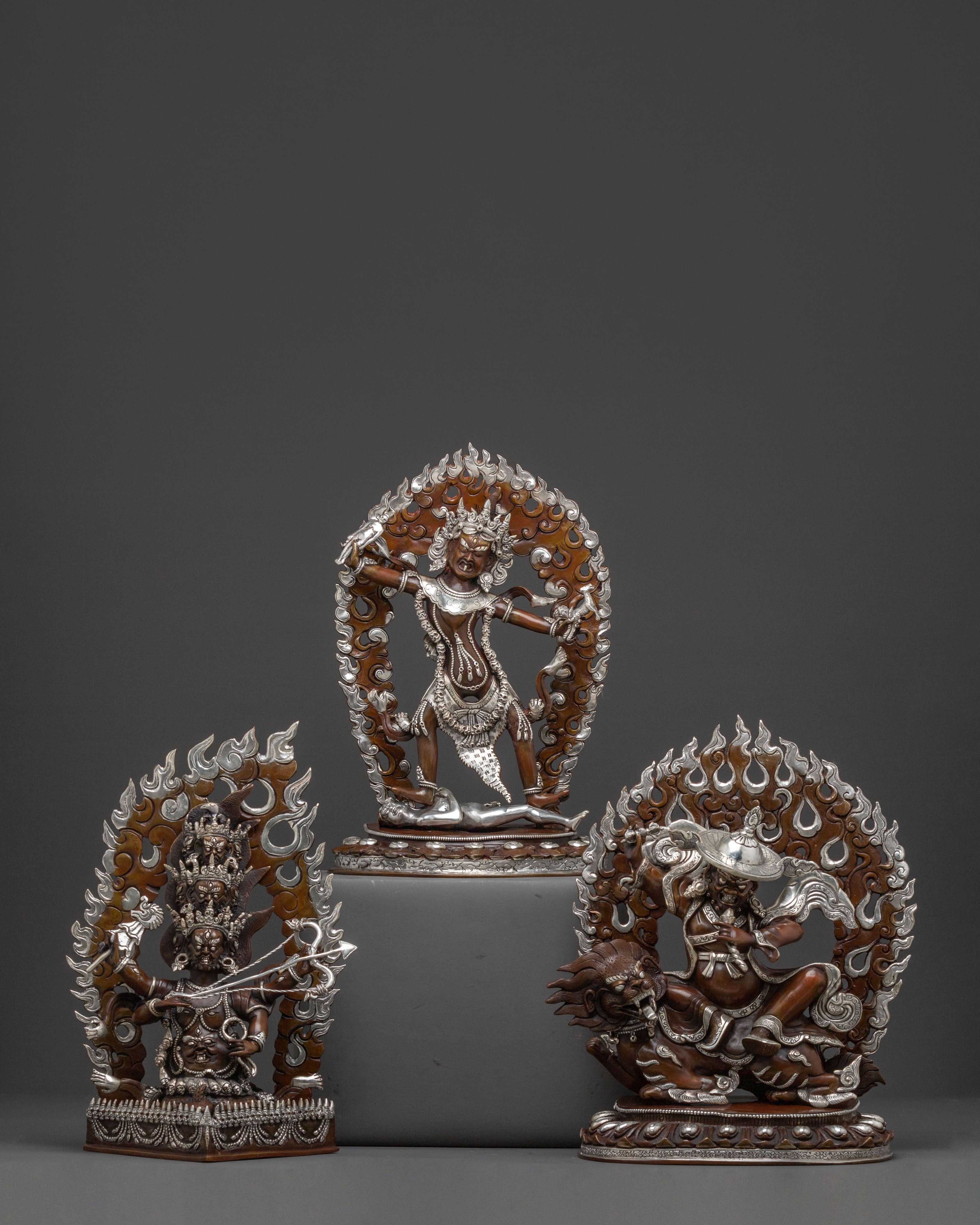 Three Nyingma Protectors Blessing Statue - Oxidized Silver Plated Statue