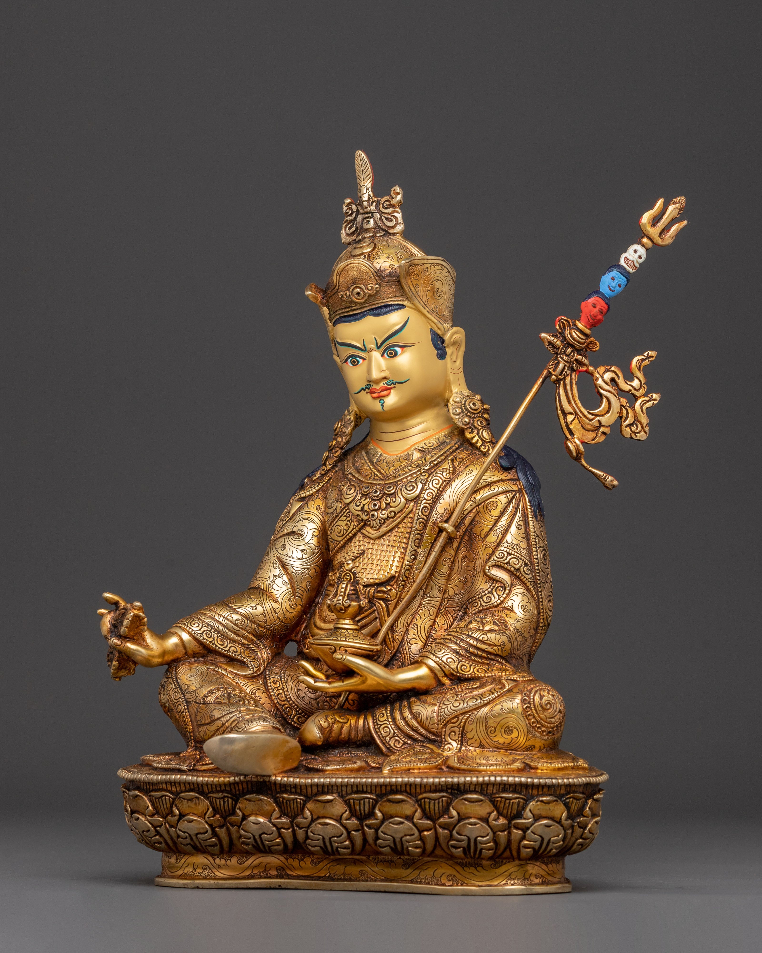 Tibetan Guru Rinpoche Buddhist Statue: 24K Gold Gilded Masterpiece