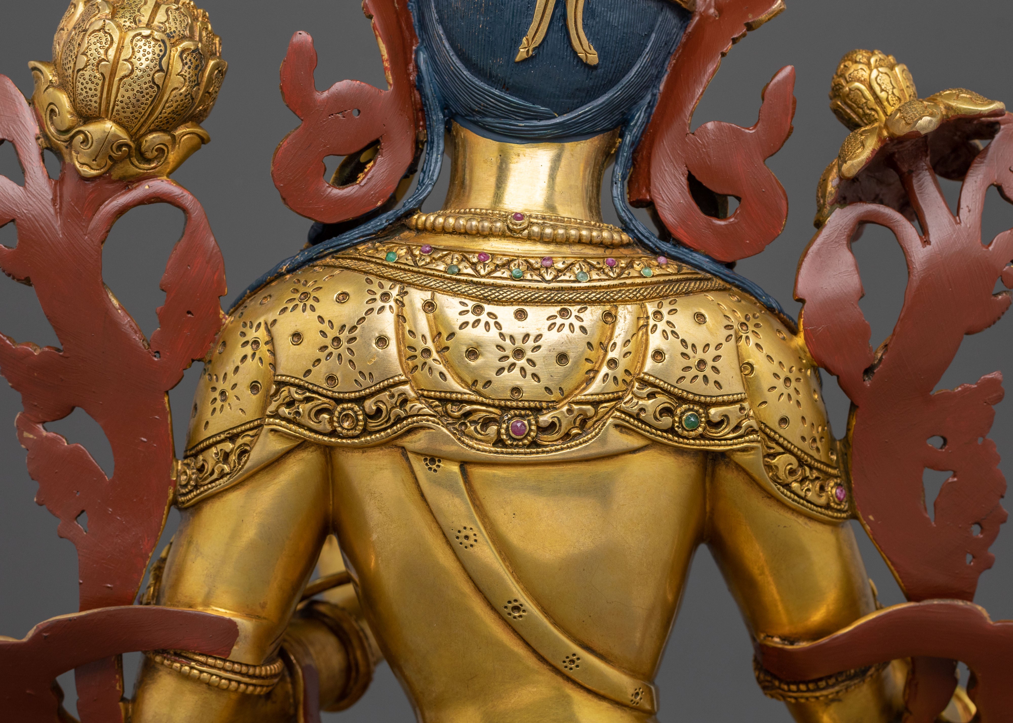 Tibetan Goddess Sculpture of Green Tara | 24K Gold Gilded Compassion Statue