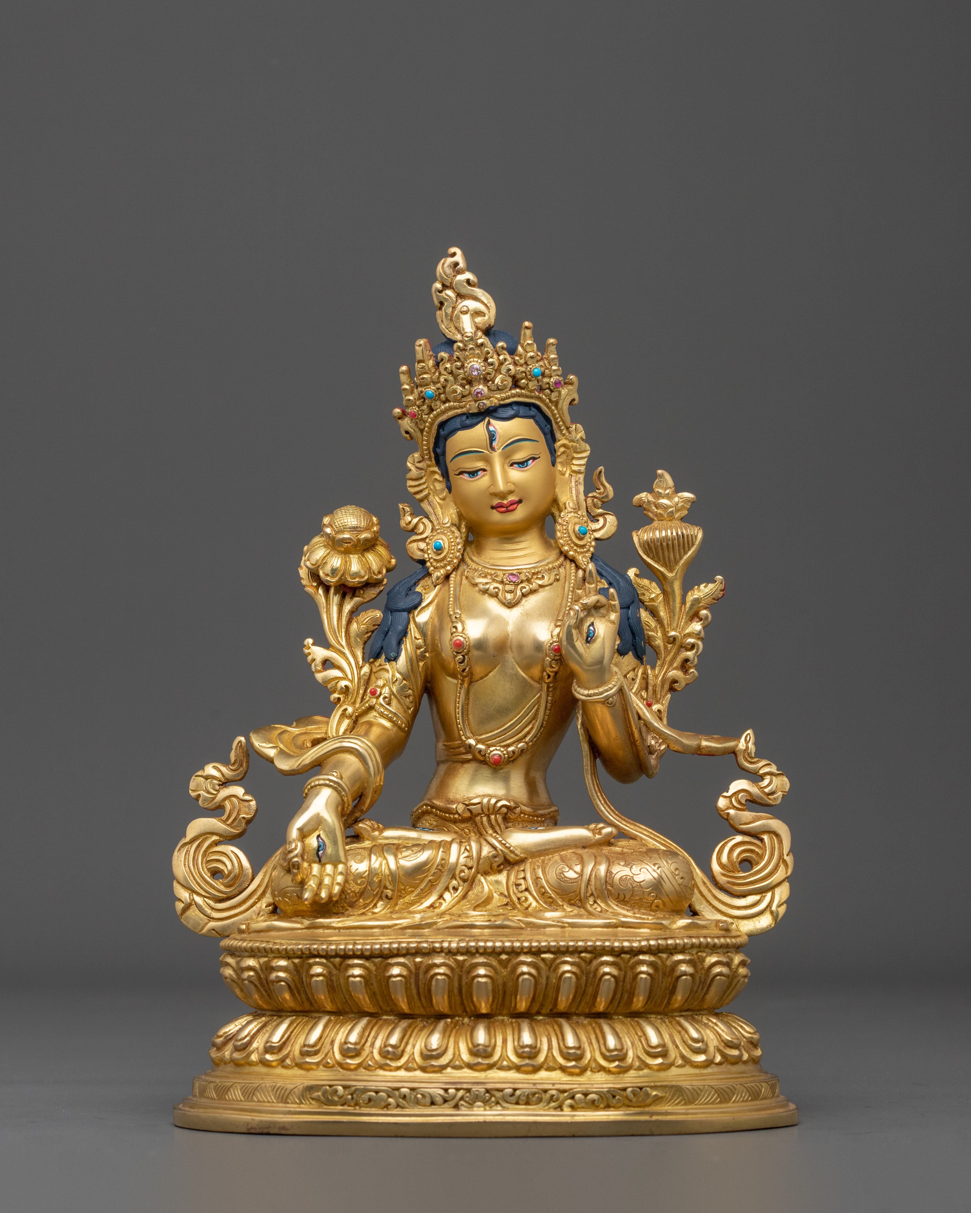 Tibetan Goddess | White Tara Sculpture Gilded in 24K Gold