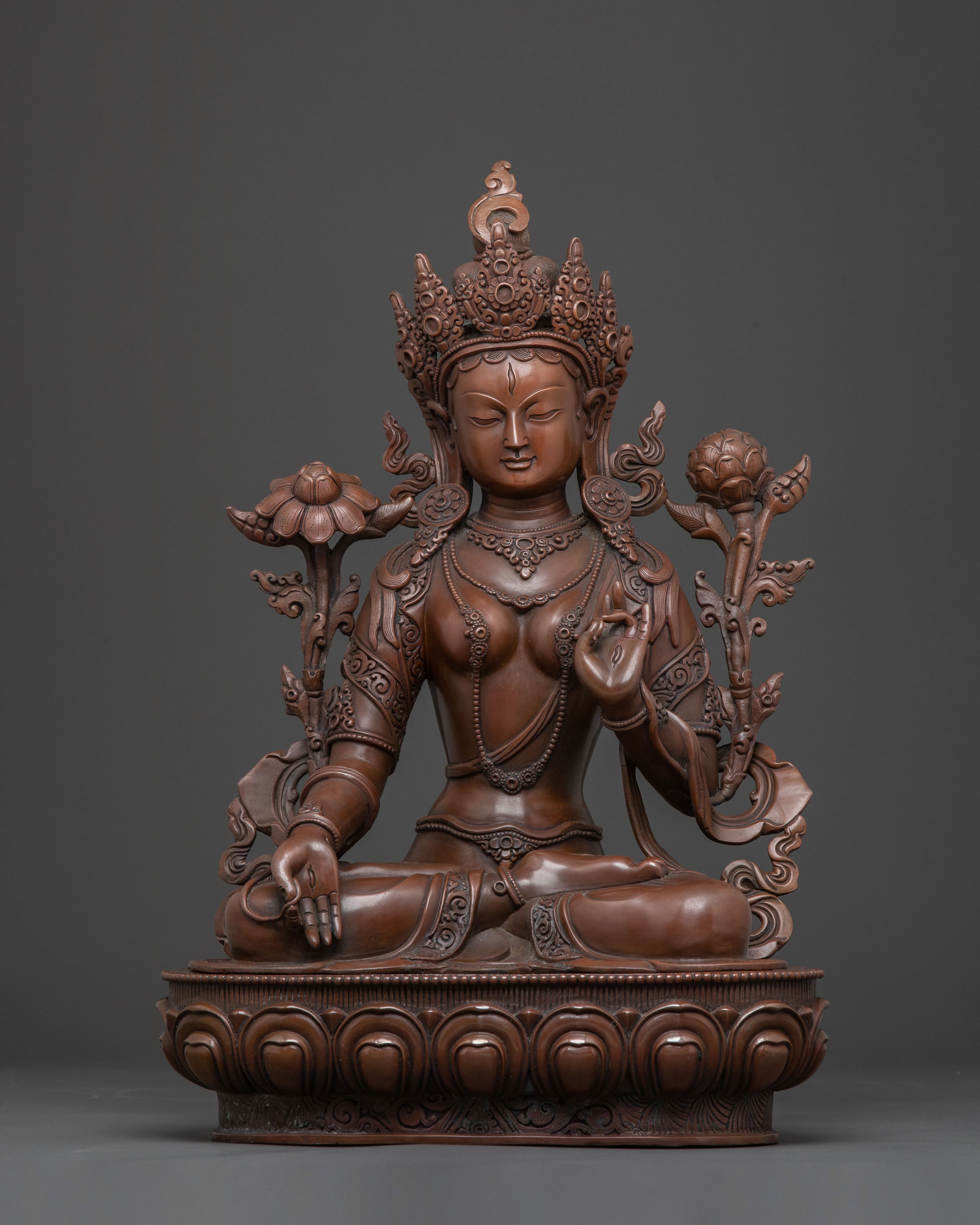 Handcrafted Copper Statue of White Tara: Serene Oxidized Finish