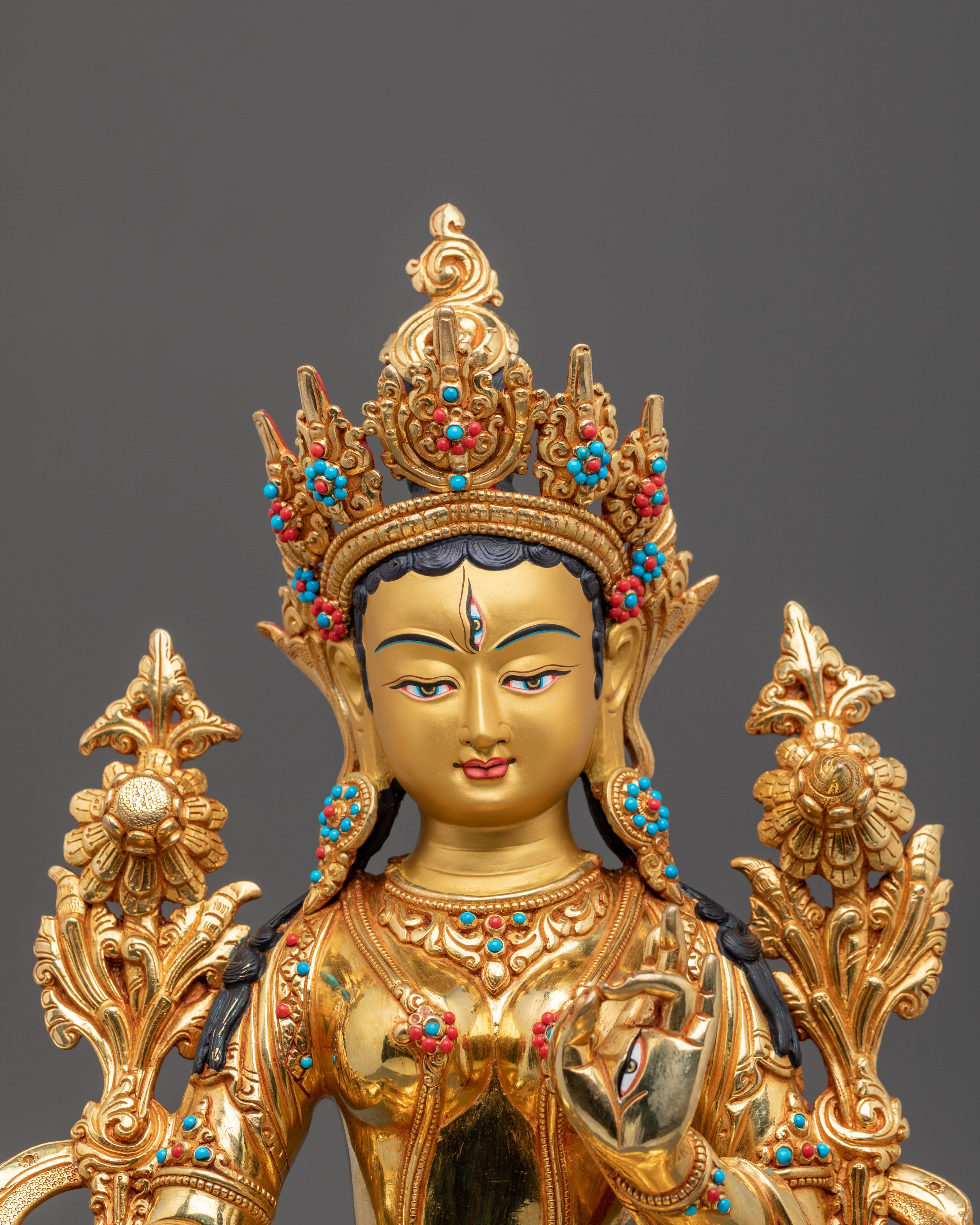 White Tara Statue | Serene 24K Gold Gilded Tibetan Figurine