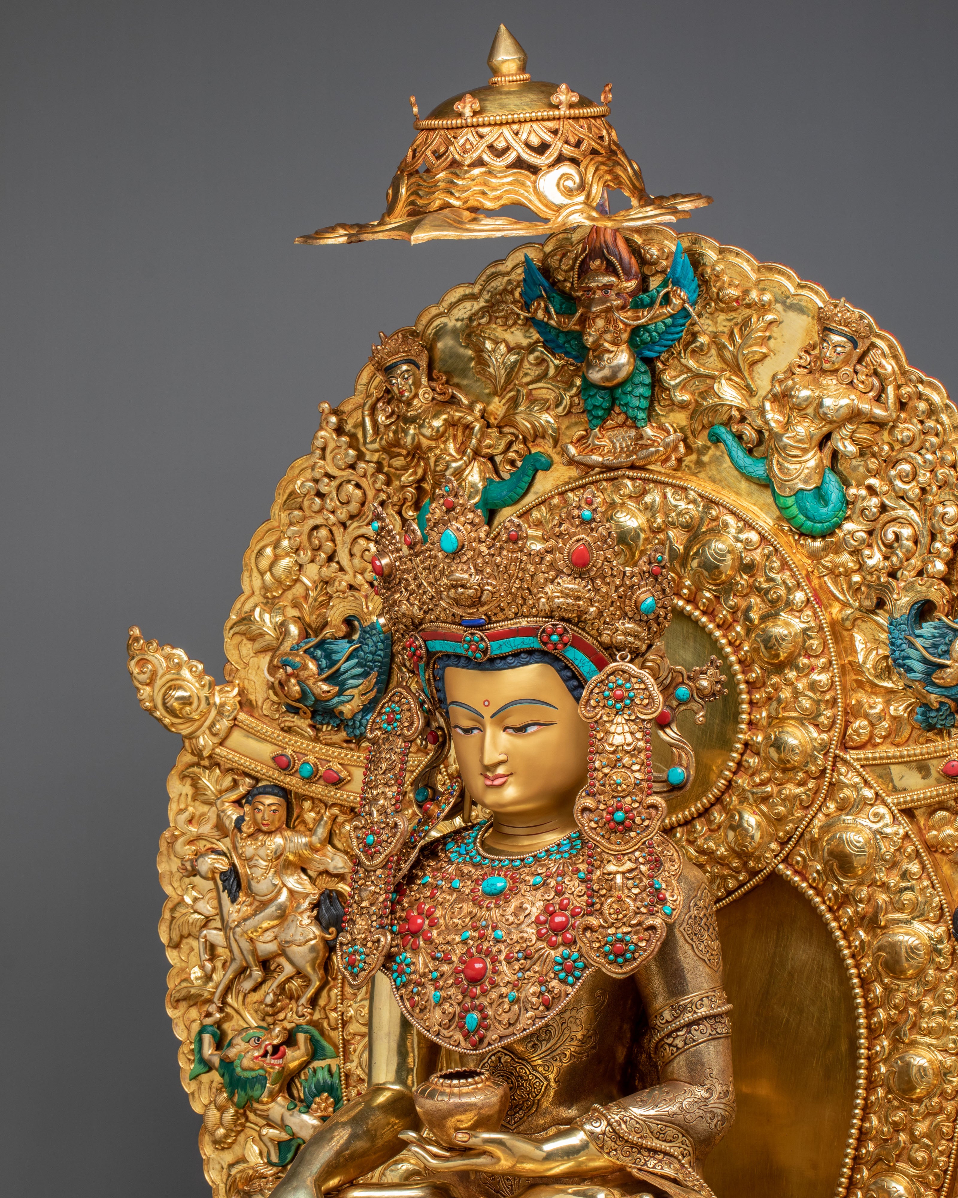 Crown Shakyamuni Buddha Golden Figurine on Throne