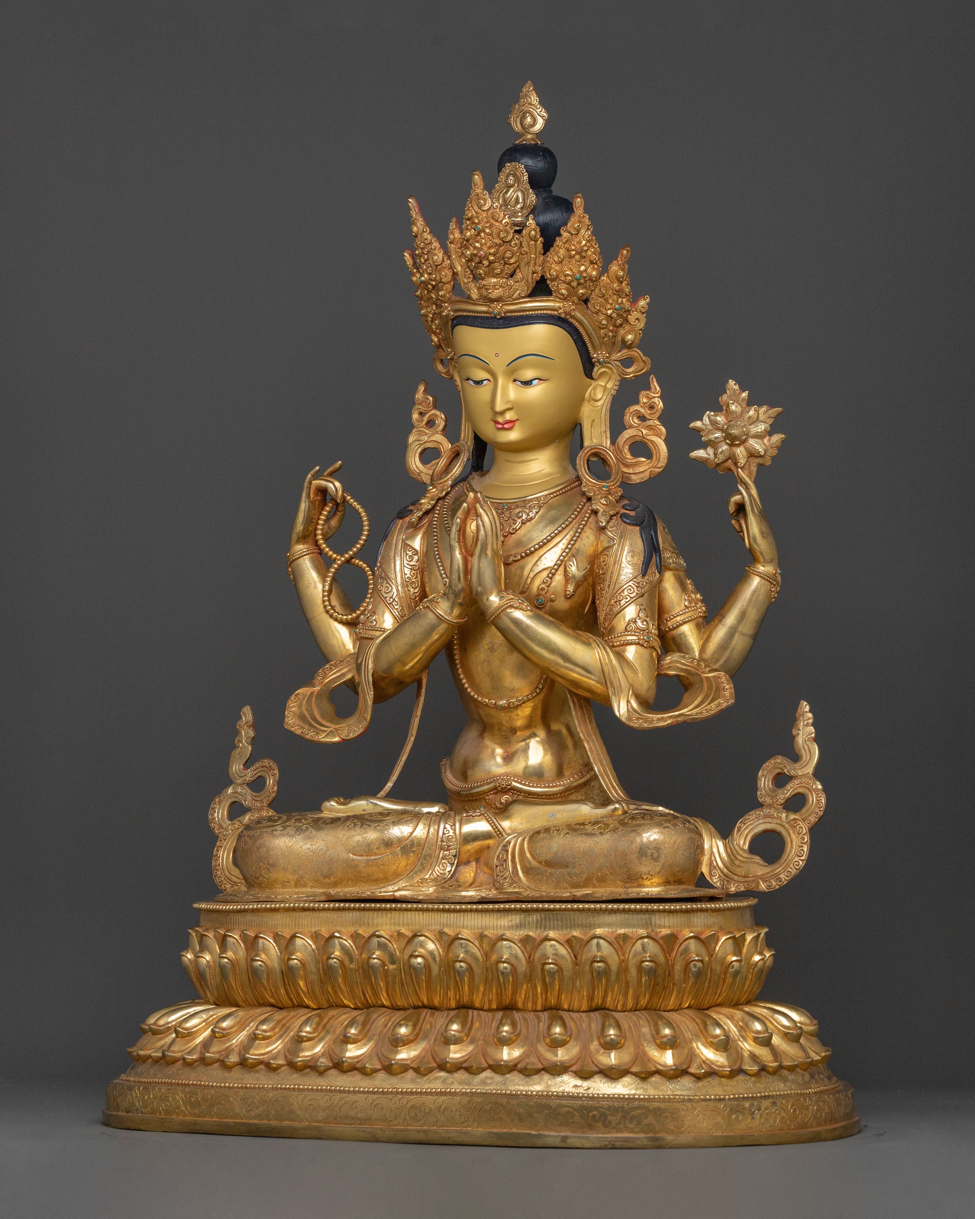Bodhisattva Compassion Chenrezig Statue with 24K Gold Glided