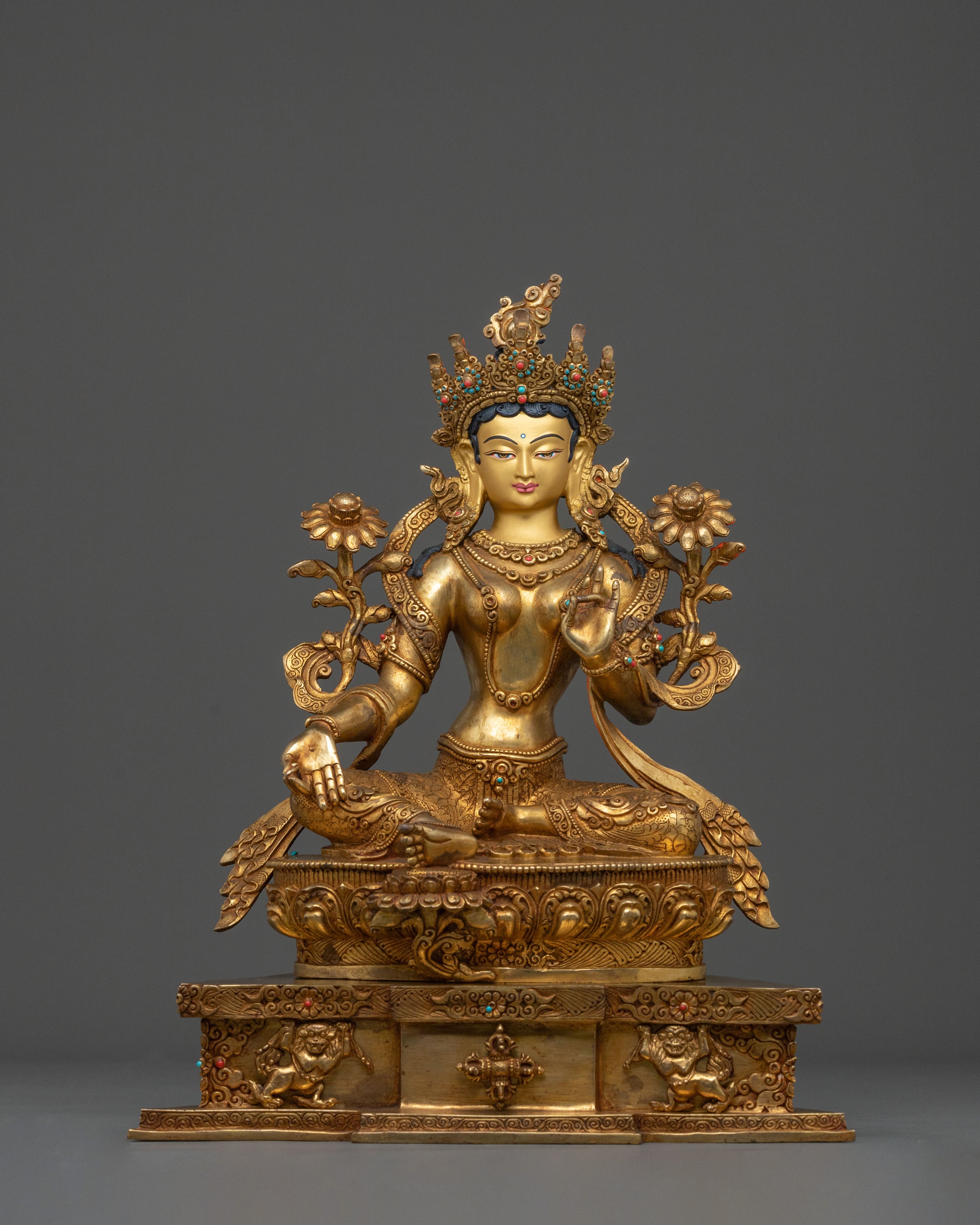 Green Tara Fire Gold Gilded Statue | Made in Nepal