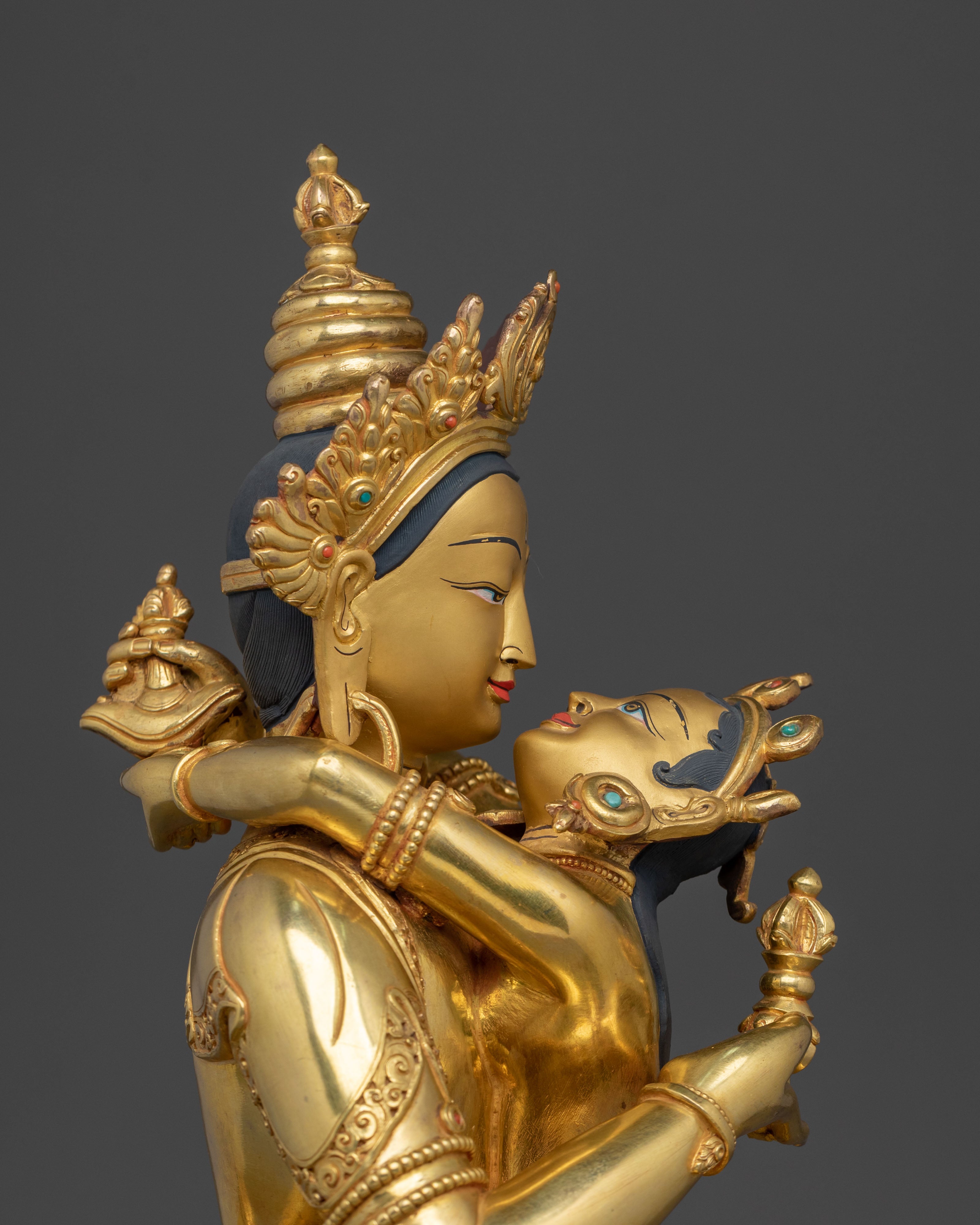 Vajrasattva Sacred Sculpture with Consort in Gilded Copper
