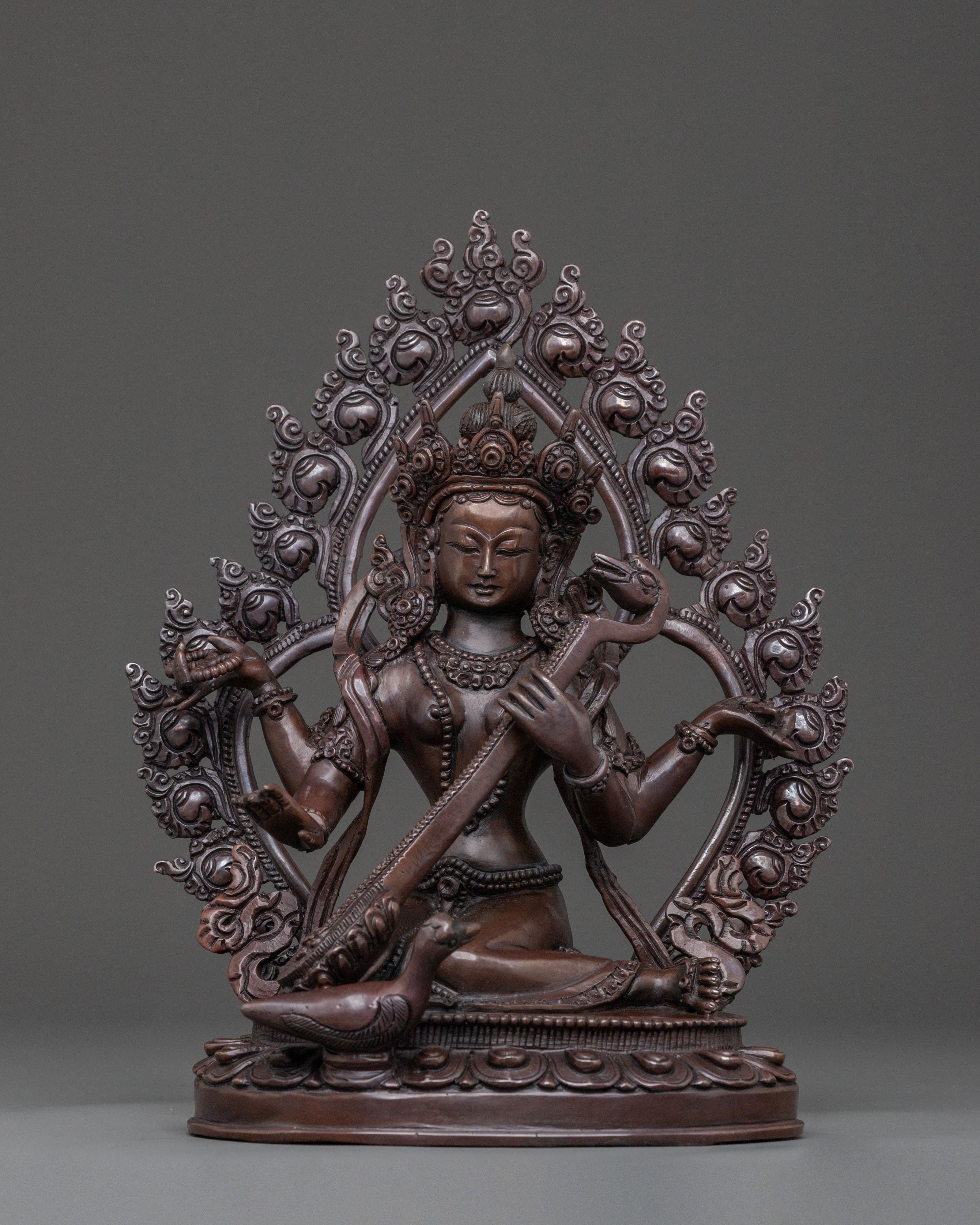 Saraswati Devi Spiritual Statue in Oxidized Copper 