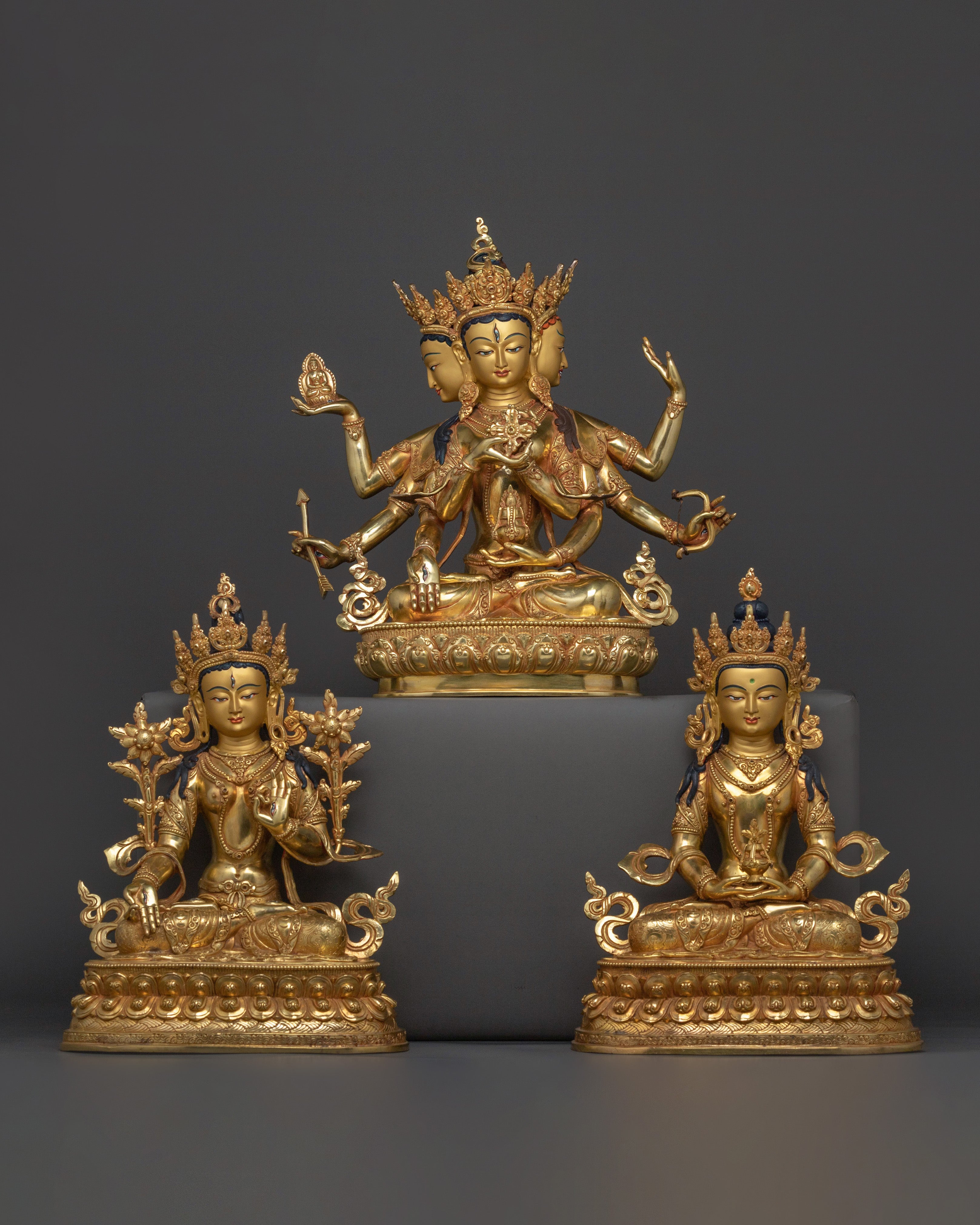 A Radiant Handmade Namgyalma Statue Set | 24K Gold Glided