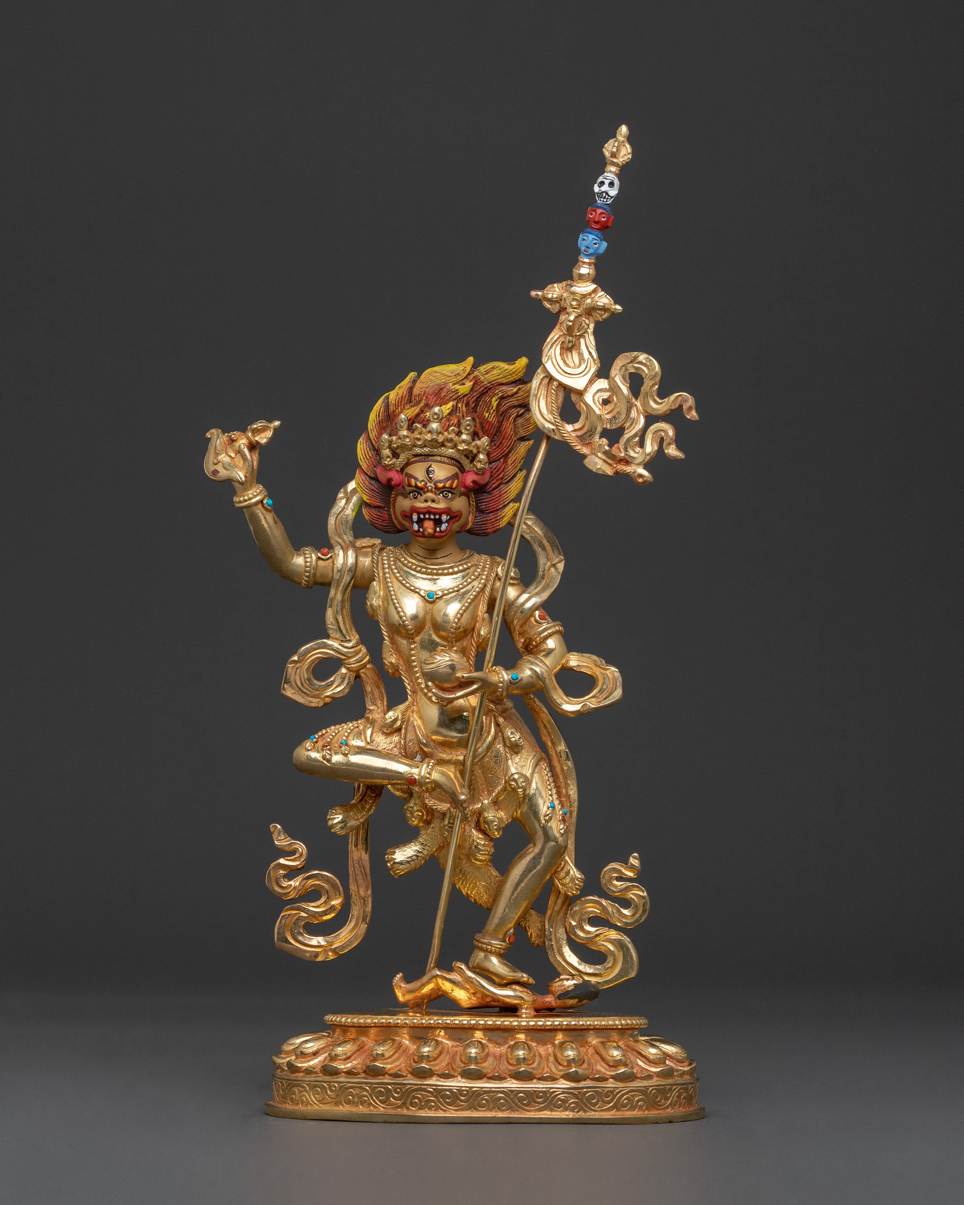 Simhamukha Figure of Power: Hand-Gilded Copper