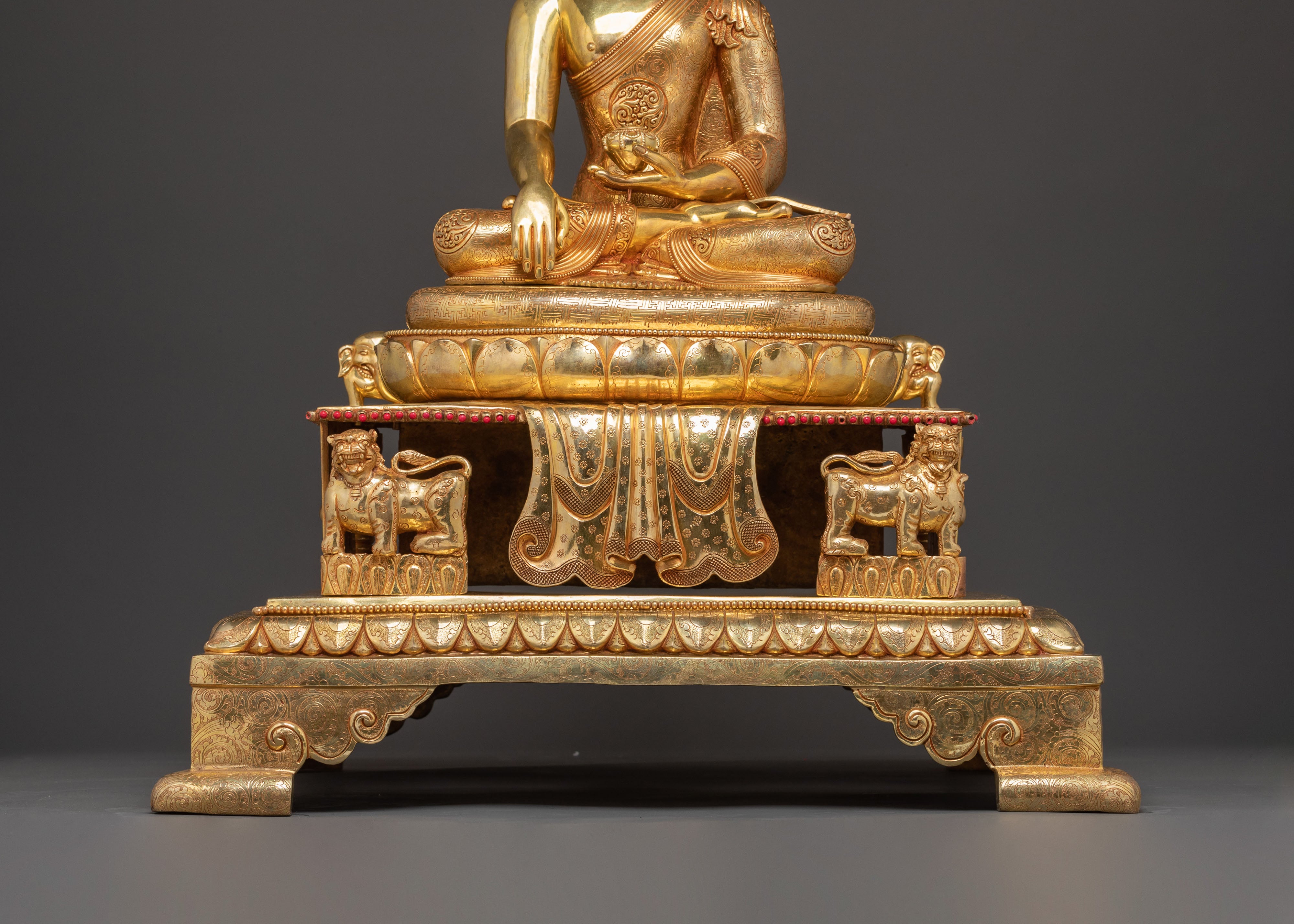 Sacred Statue of Shakyamuni Buddha in Throne – 24K Gold Gilded Artistry
