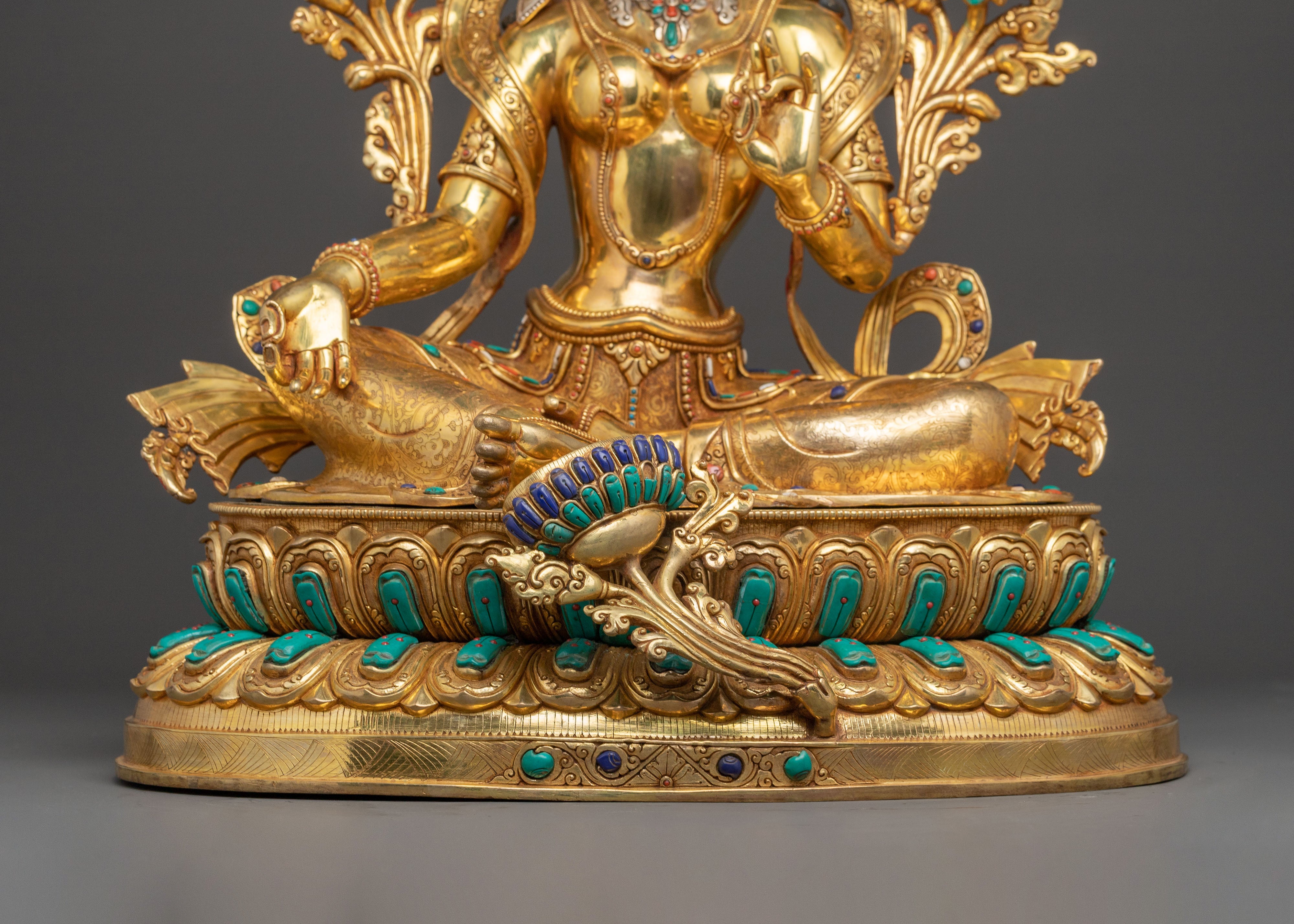 Green Tara Goddess Golden Statue - Triple Layer of 24K Gold Gilding