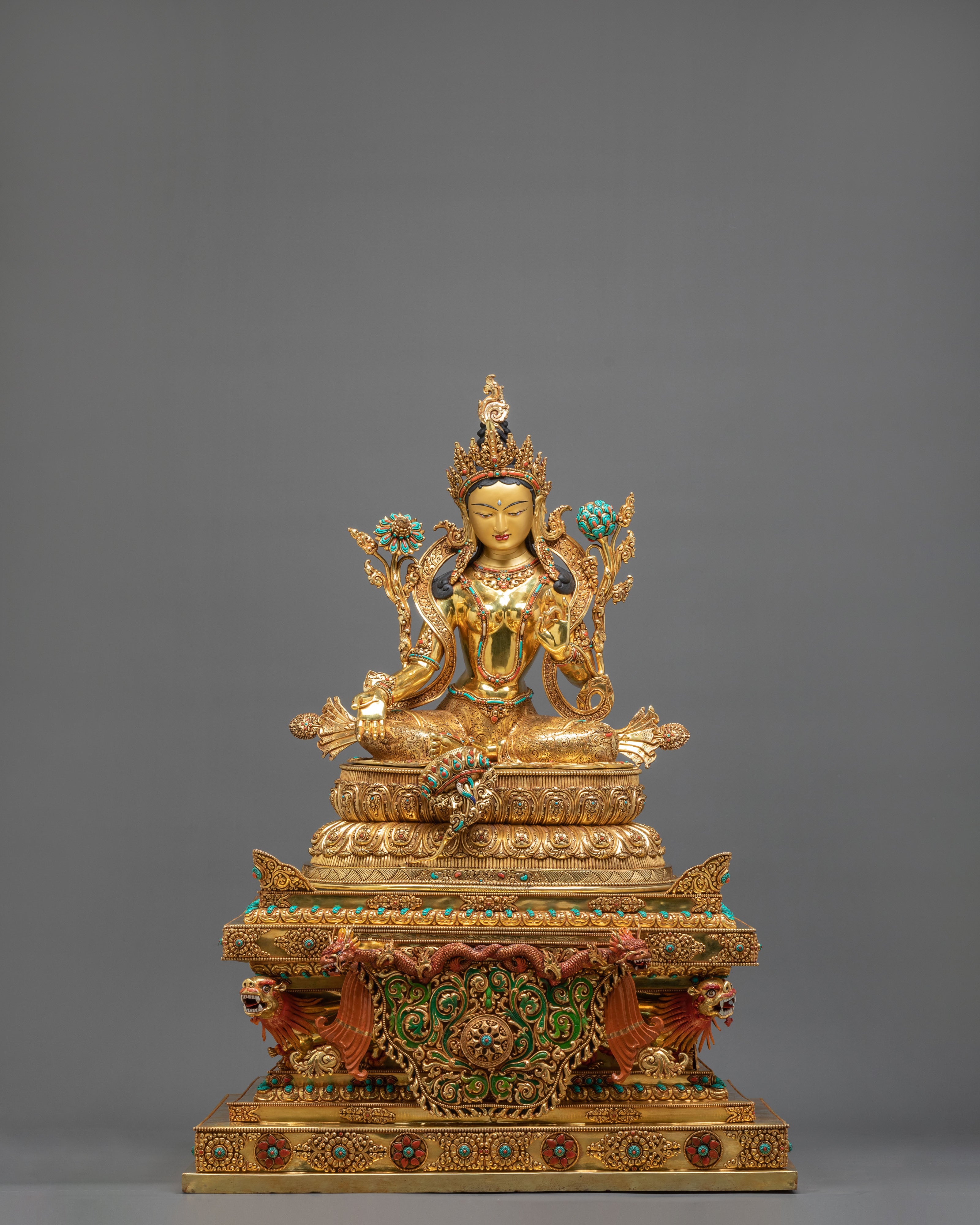 Green Tara Figurine on Throne | Buddhist Goddess Copper Statue