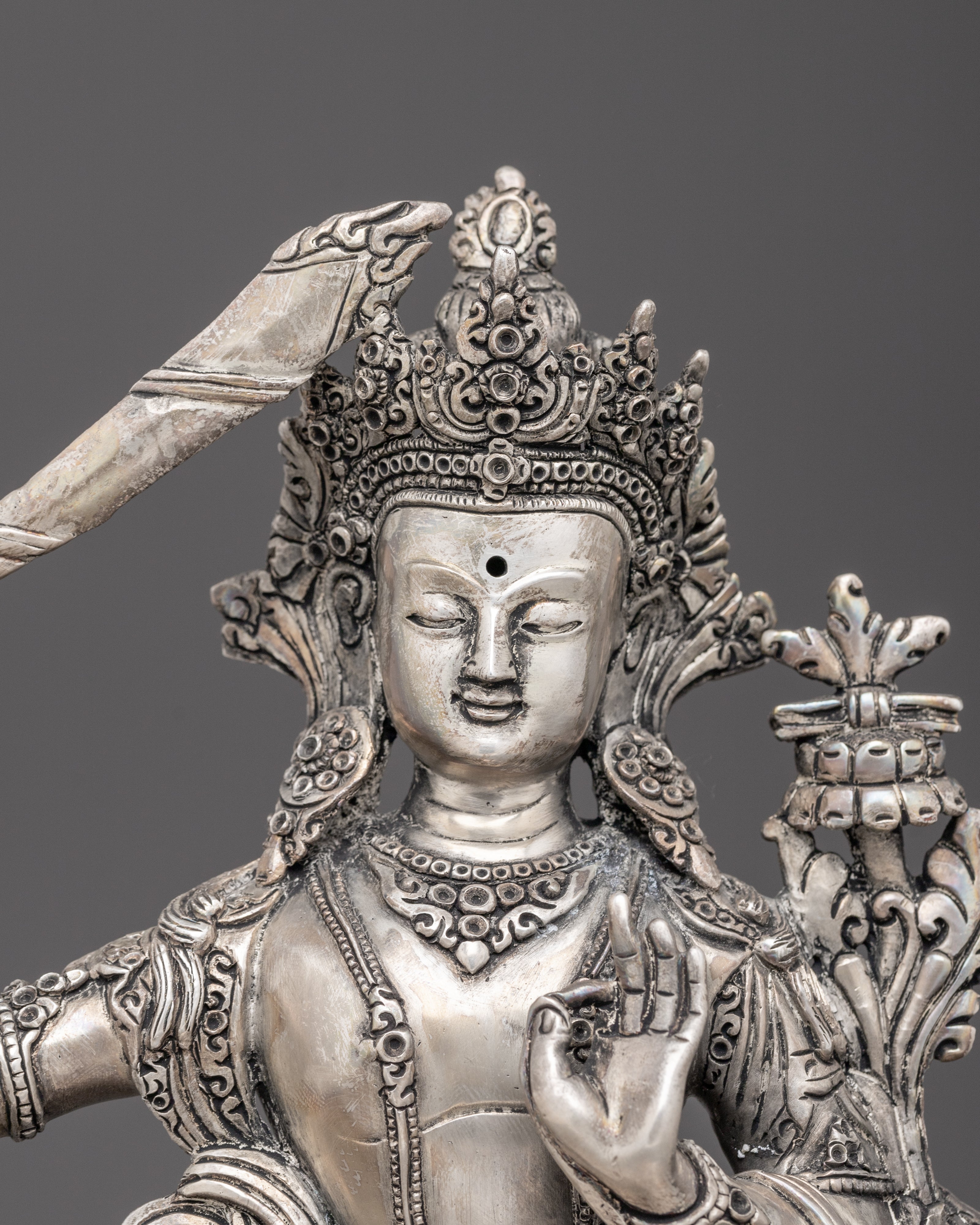 Silver-Plated Bodhisattva Manjushri Statue | Wisdom's Beacon