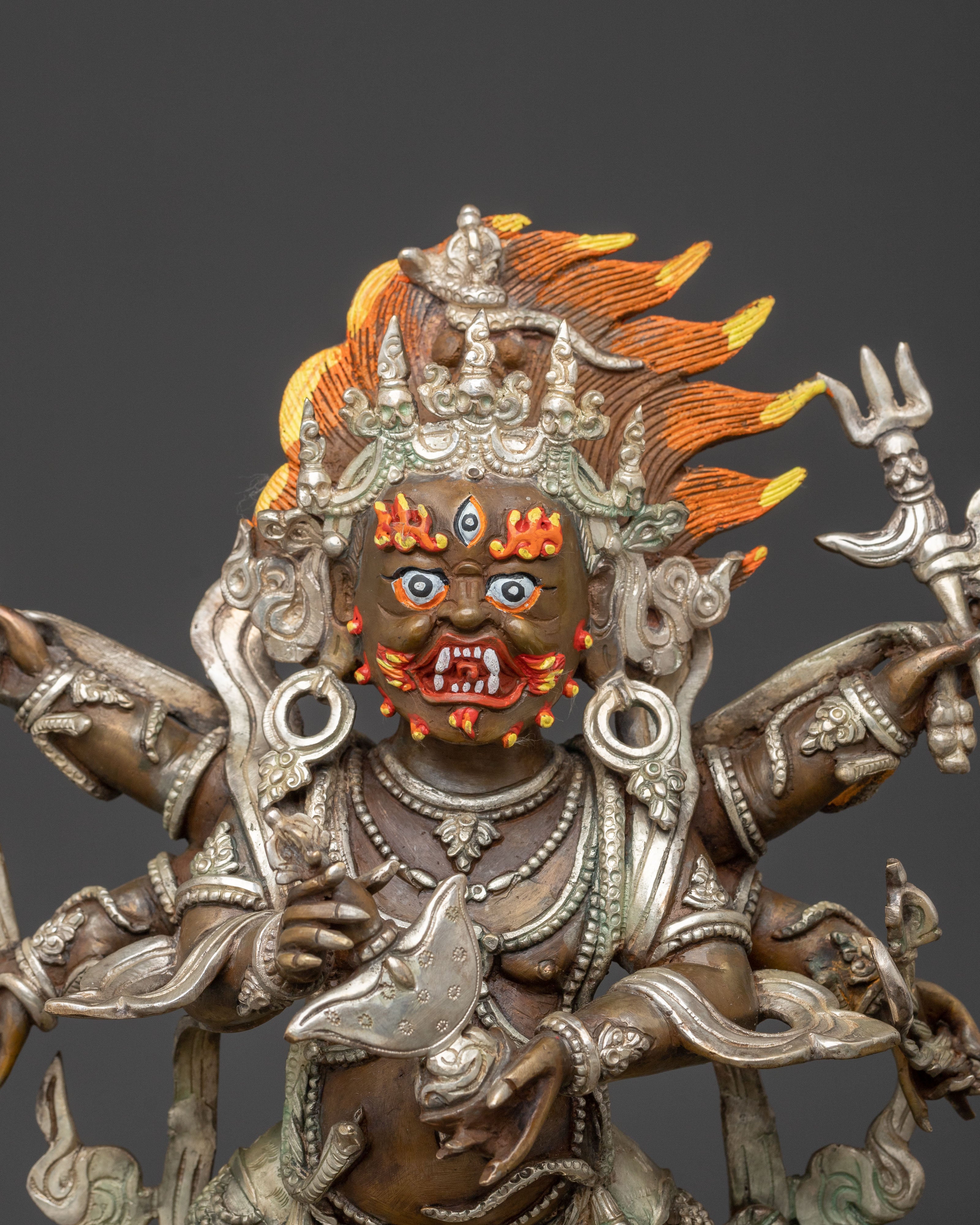 Six Armed Mahakala Statue | Oxidized Copper Protector