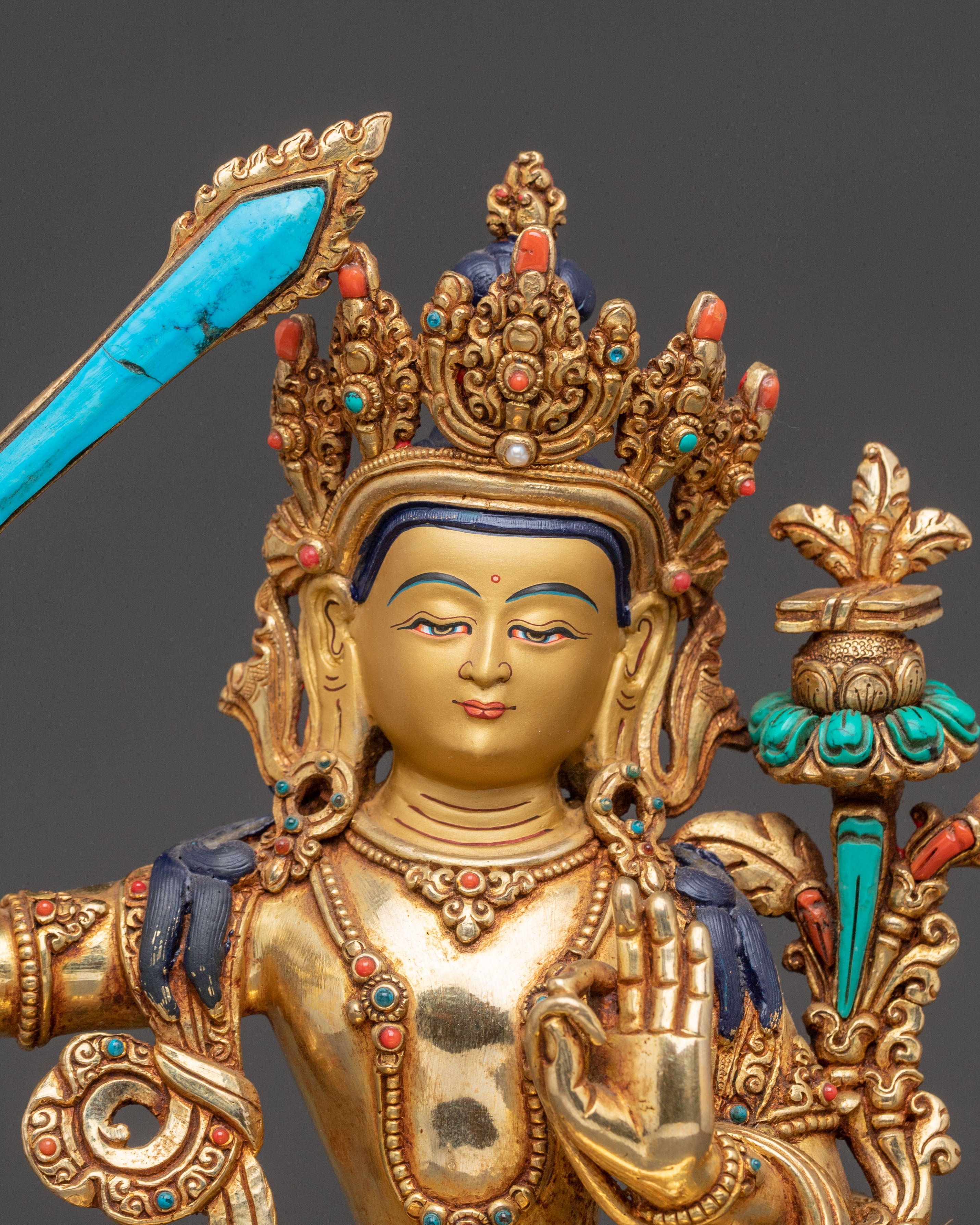 Tibetan Manjushri Wisdom Deity Statue | 24K Gold Gilded Statue